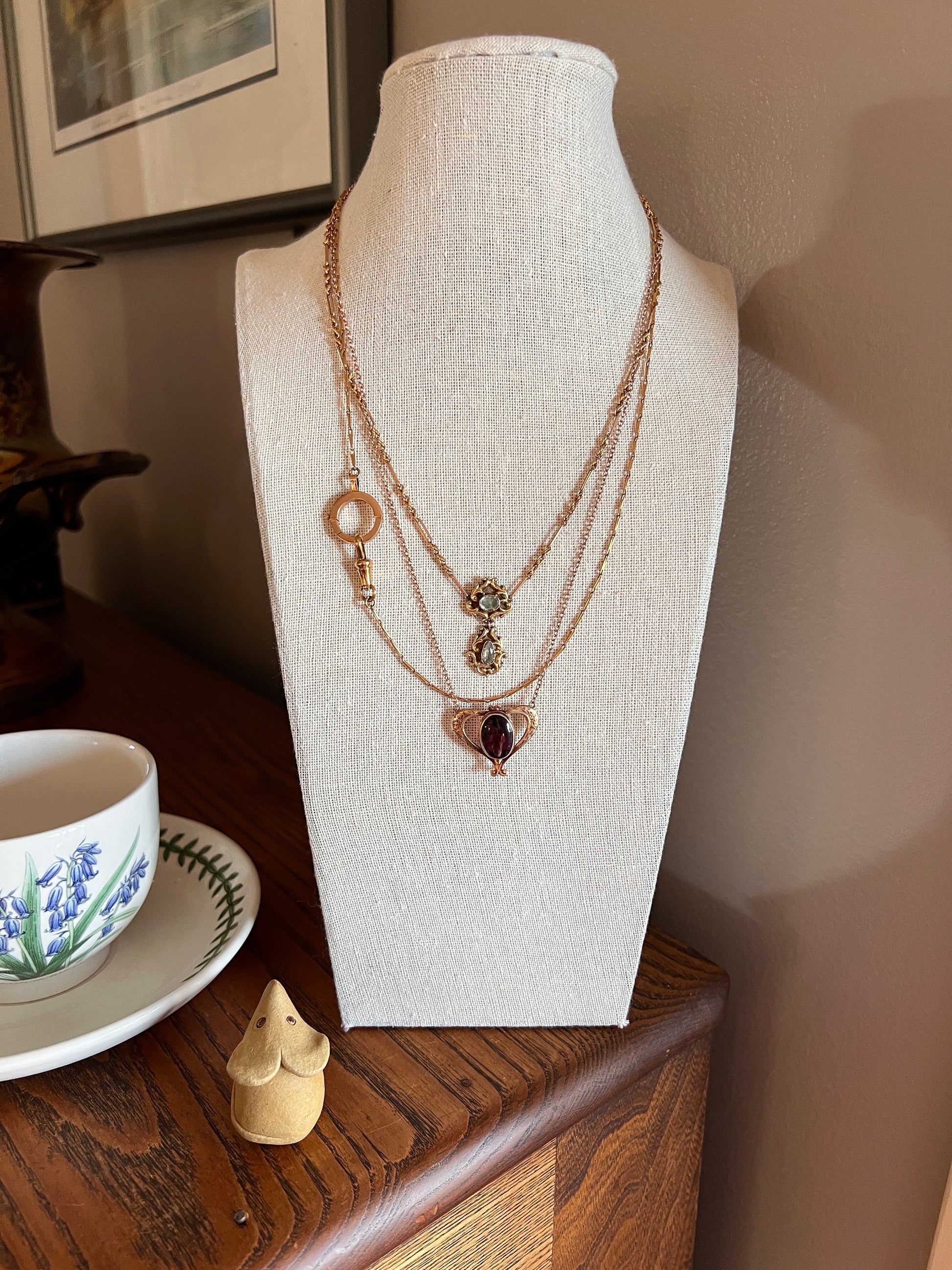 HEART Victorian Purple Paste Amethyst 10k Gold PENDANT HOLDER on 14k Chain Glowing Buff Top Oval Hook on Back Neckmess Neckstack Swap Charms