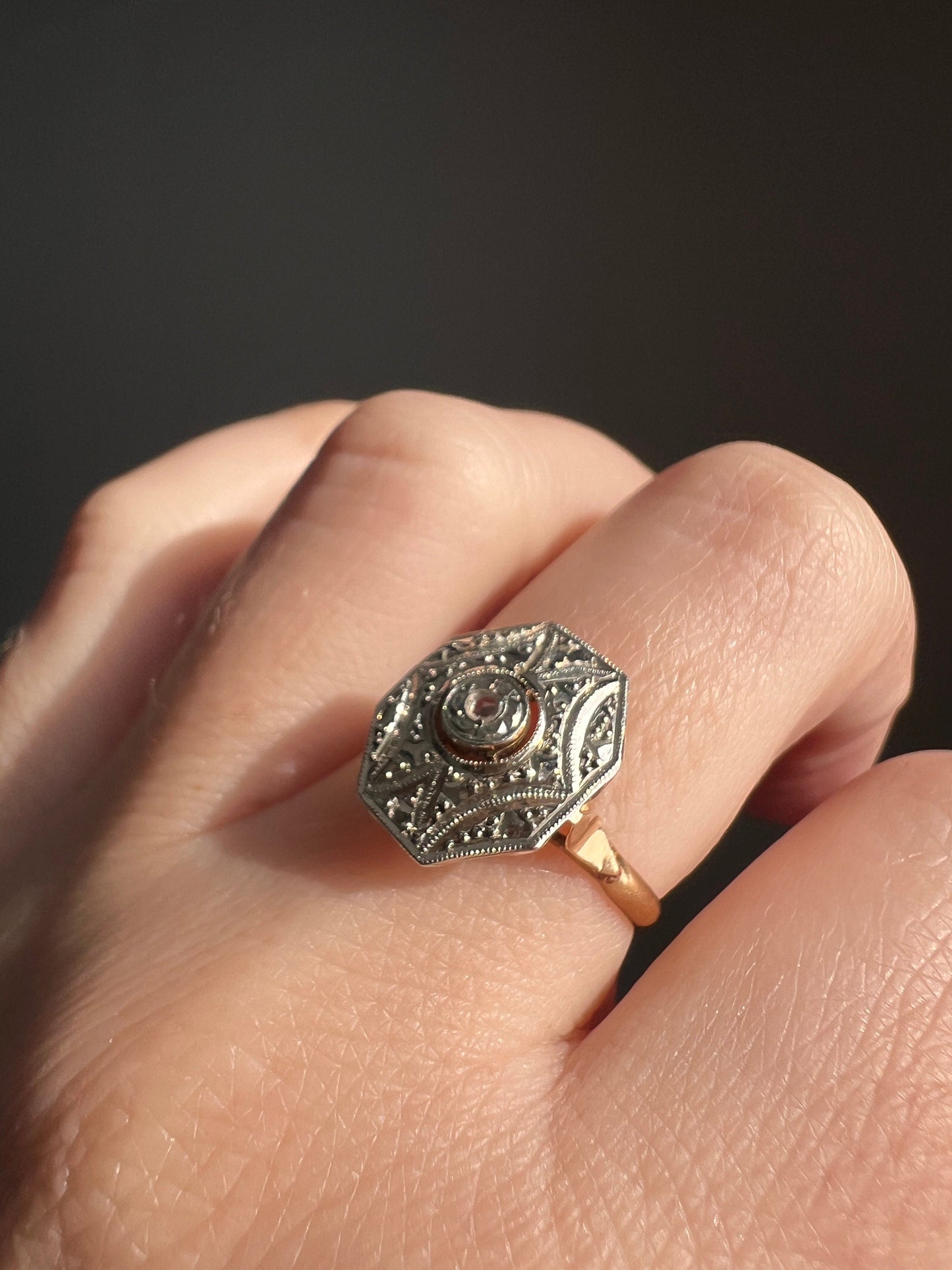 OCTAGON Shield French Antique Rose Cut Diamond 18k GOLD Ring Geometric Stacker Band Romantic Gift Belle Epoque