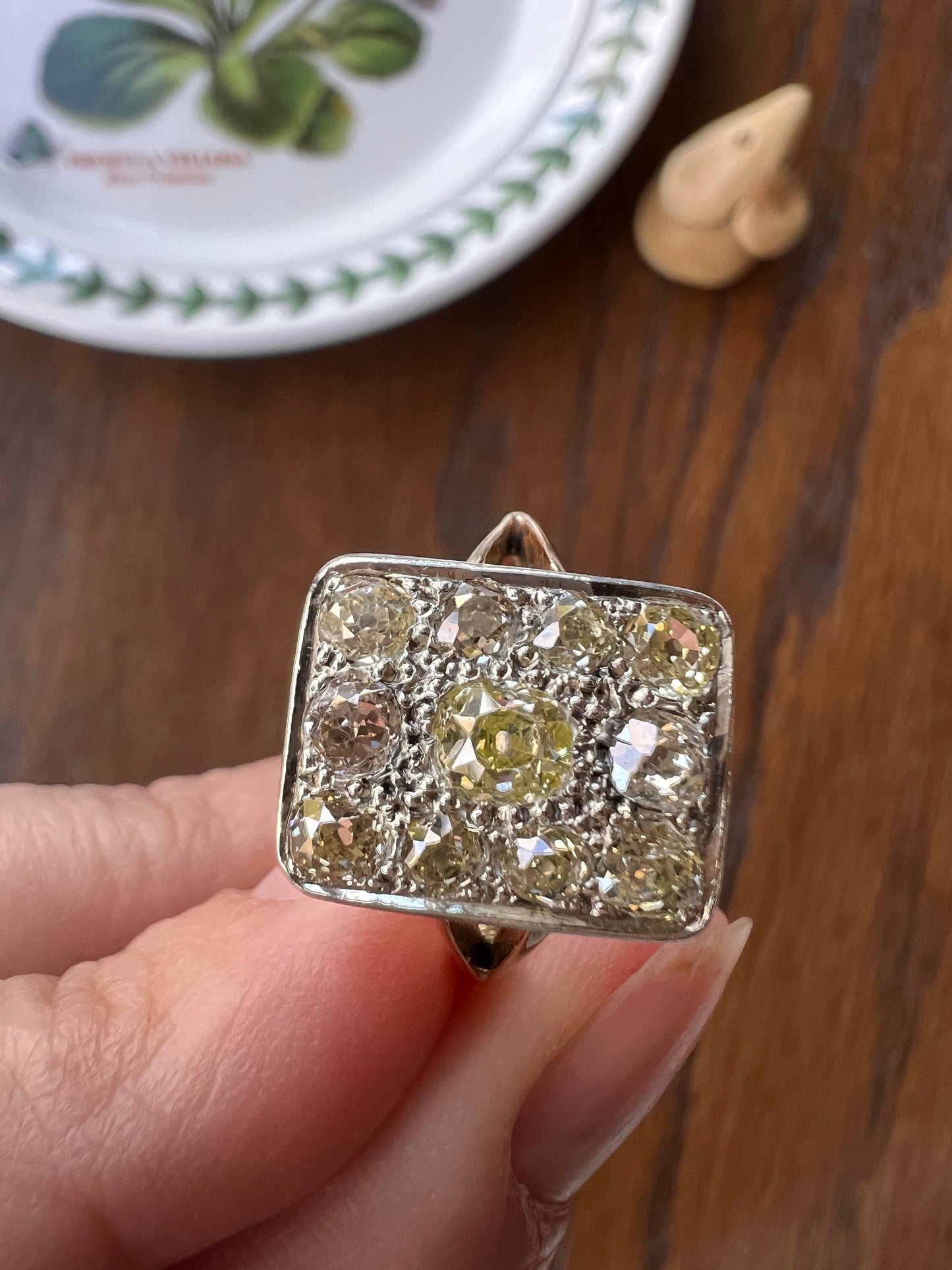 YELLOW Champagne Brown 1.75 Carat Old Mine Cut DIAMOND Grid Cluster Ring 18k Gold Rectangular Statement Engraved Geometric Gift Chunky OmC