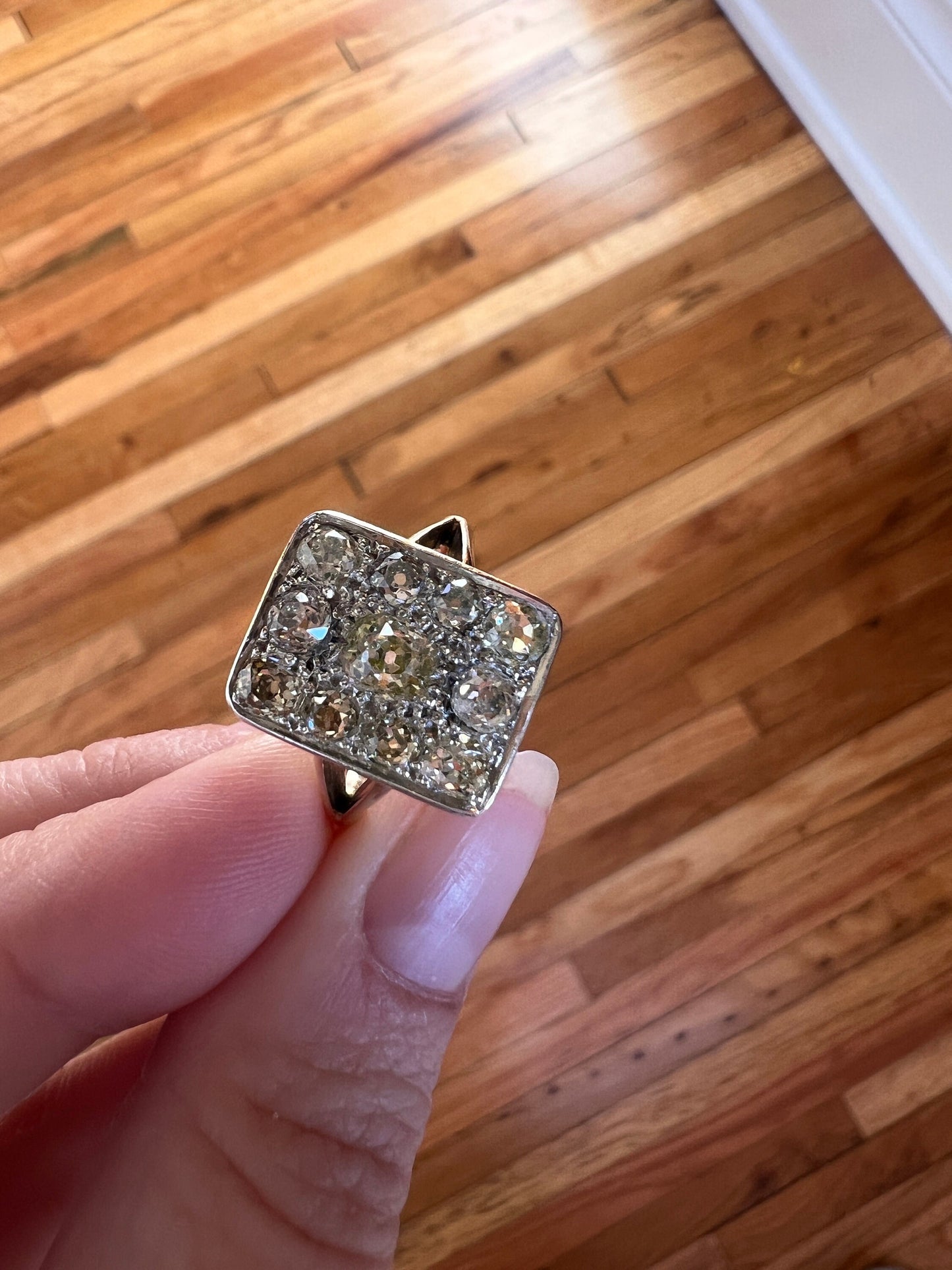 YELLOW Champagne Brown 1.75 Carat Old Mine Cut DIAMOND Grid Cluster Ring 18k Gold Rectangular Statement Engraved Geometric Gift Chunky OmC