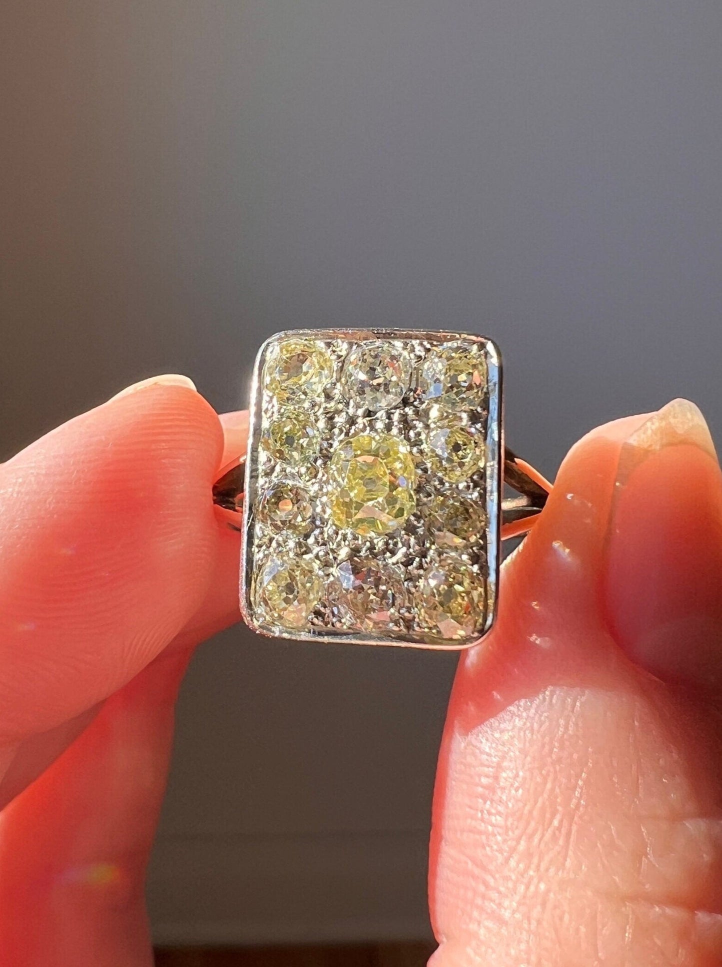 YELLOW Champagne Brown 1.75 Carat Old Mine Cut DIAMOND Grid Cluster Ring 18k Gold Rectangular Statement Engraved Geometric Gift Chunky OmC