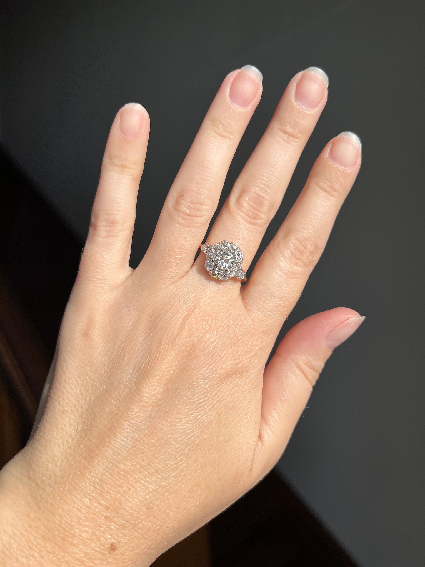 Exceptional ANTIQUE 1.7 Carat 13 Old Mine Cut DIAMOND Daisy Cluster Ring 18k Gold Belle Epoque Romantic Gift OmC Victorian Oval Omc 1.7 Tdw
