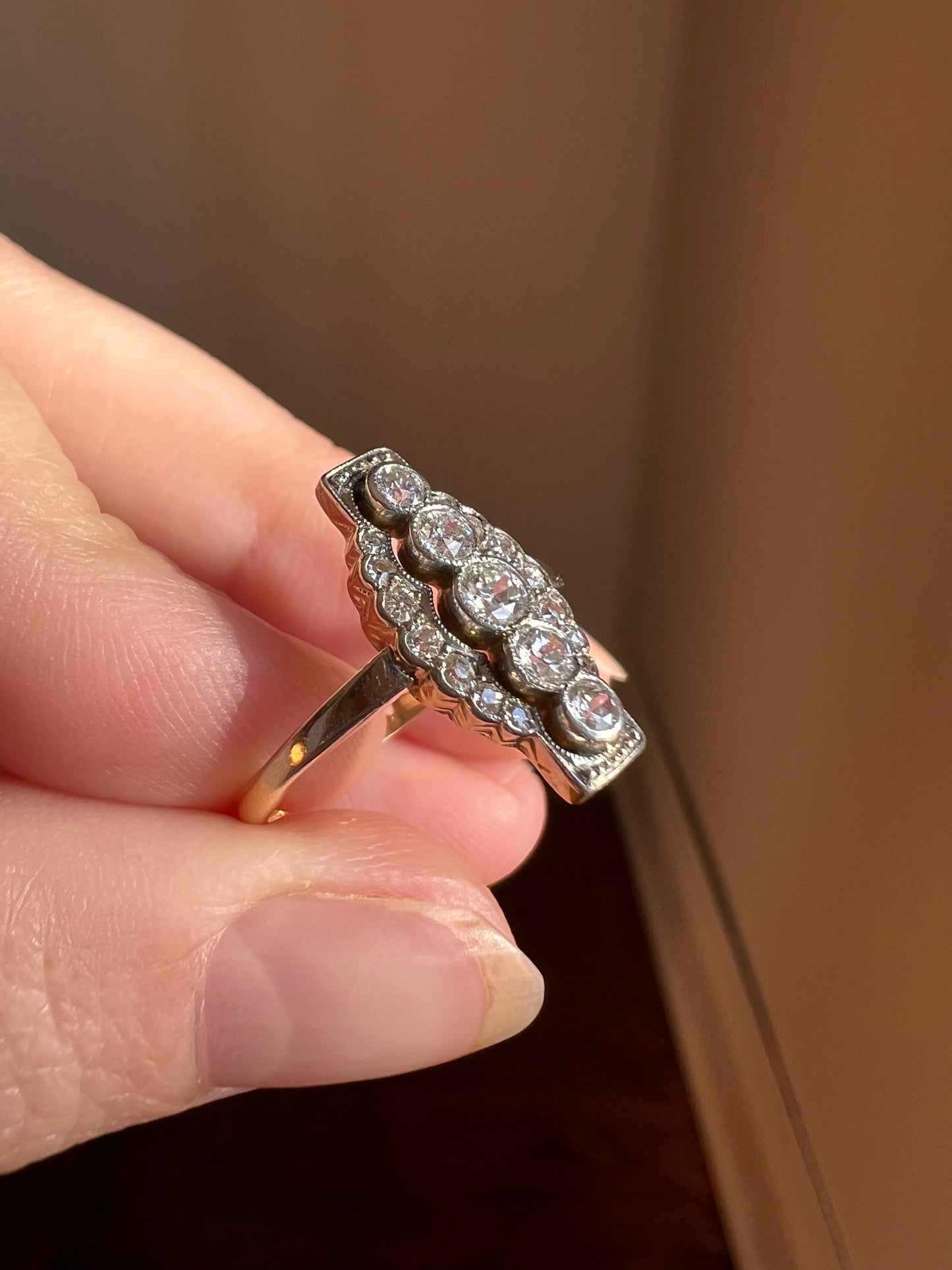 Unique Old European Cut DIAMOND Ring French Architectural Scalloped Halo Antique 18k Gold & Platinum Geometric Linear Cluster OEC Sweet Gift