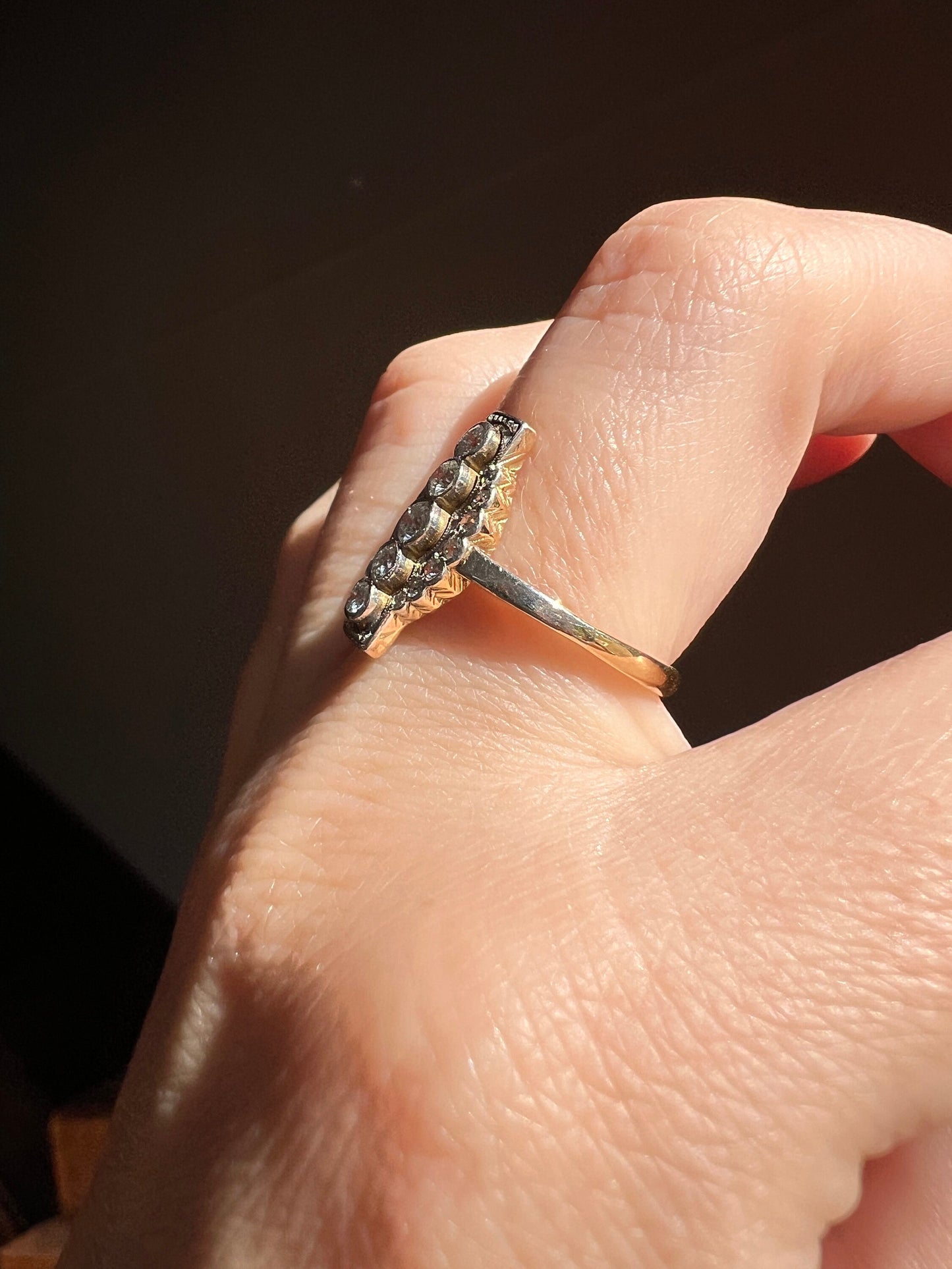 Unique Old European Cut DIAMOND Ring French Architectural Scalloped Halo Antique 18k Gold & Platinum Geometric Linear Cluster OEC Sweet Gift