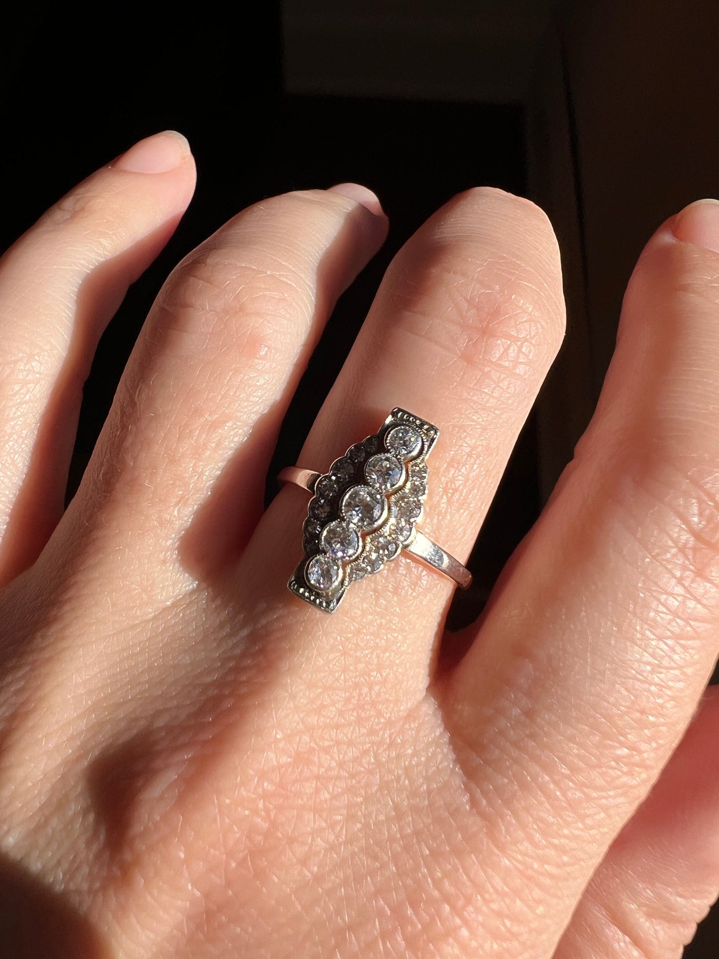 Unique Old European Cut DIAMOND Ring French Architectural Scalloped Halo Antique 18k Gold & Platinum Geometric Linear Cluster OEC Sweet Gift