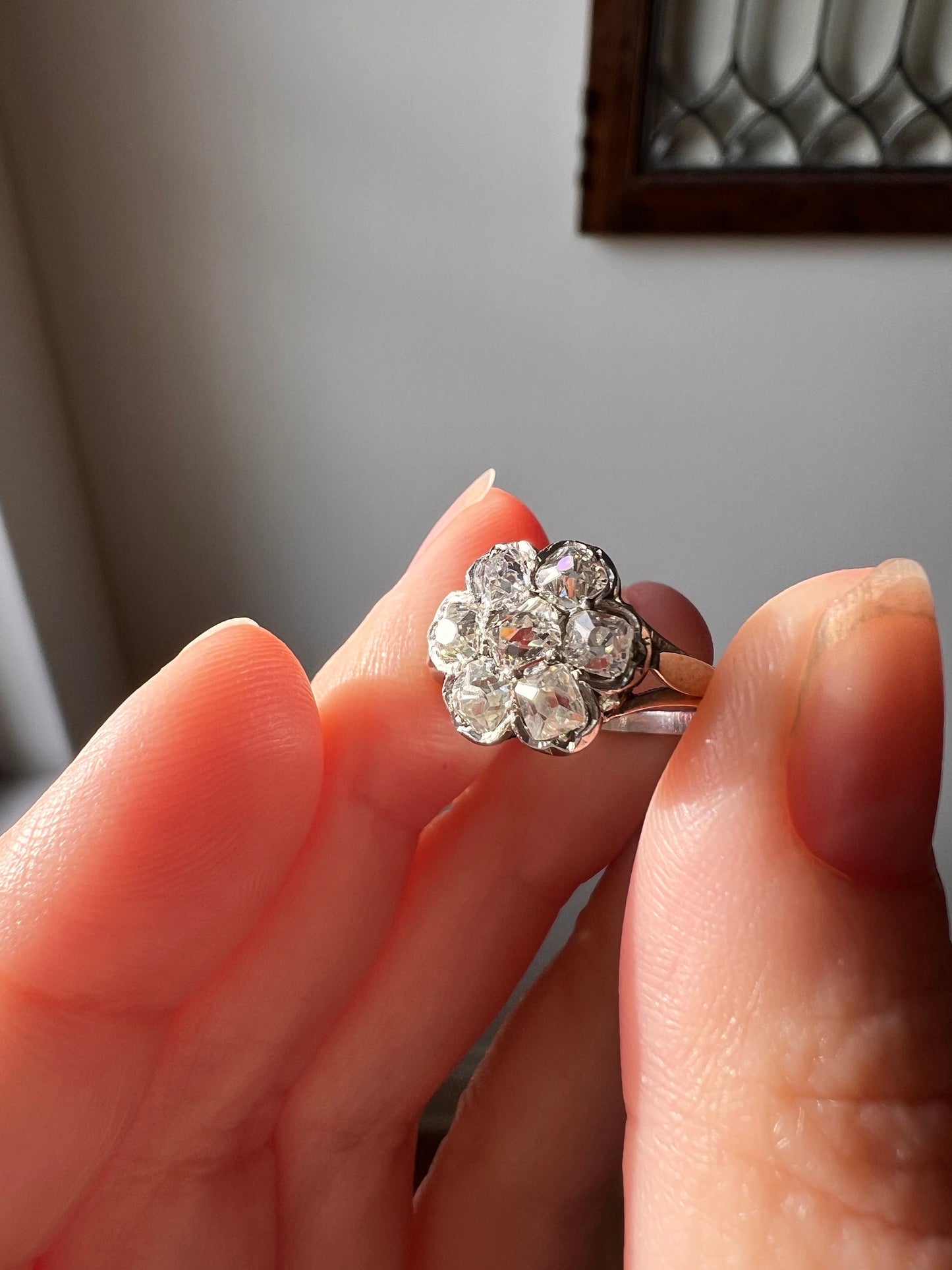 Old Mine Cut DIAMOND 1.2 Carat Daisy Cluster Ring PLATINUM French Antique Seven Stone Chunky Stacker Unique Victorian Edwardian Gift OMC