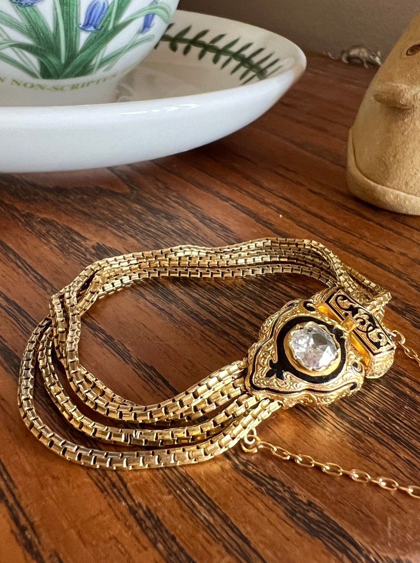 Rare VICTORIAN Antique French .75 Carat Old Mine Cut DIAMOND Bracelet in Box Black Enamel Snake Multi Strand Wriststack Belle Epoque OmC 3/4