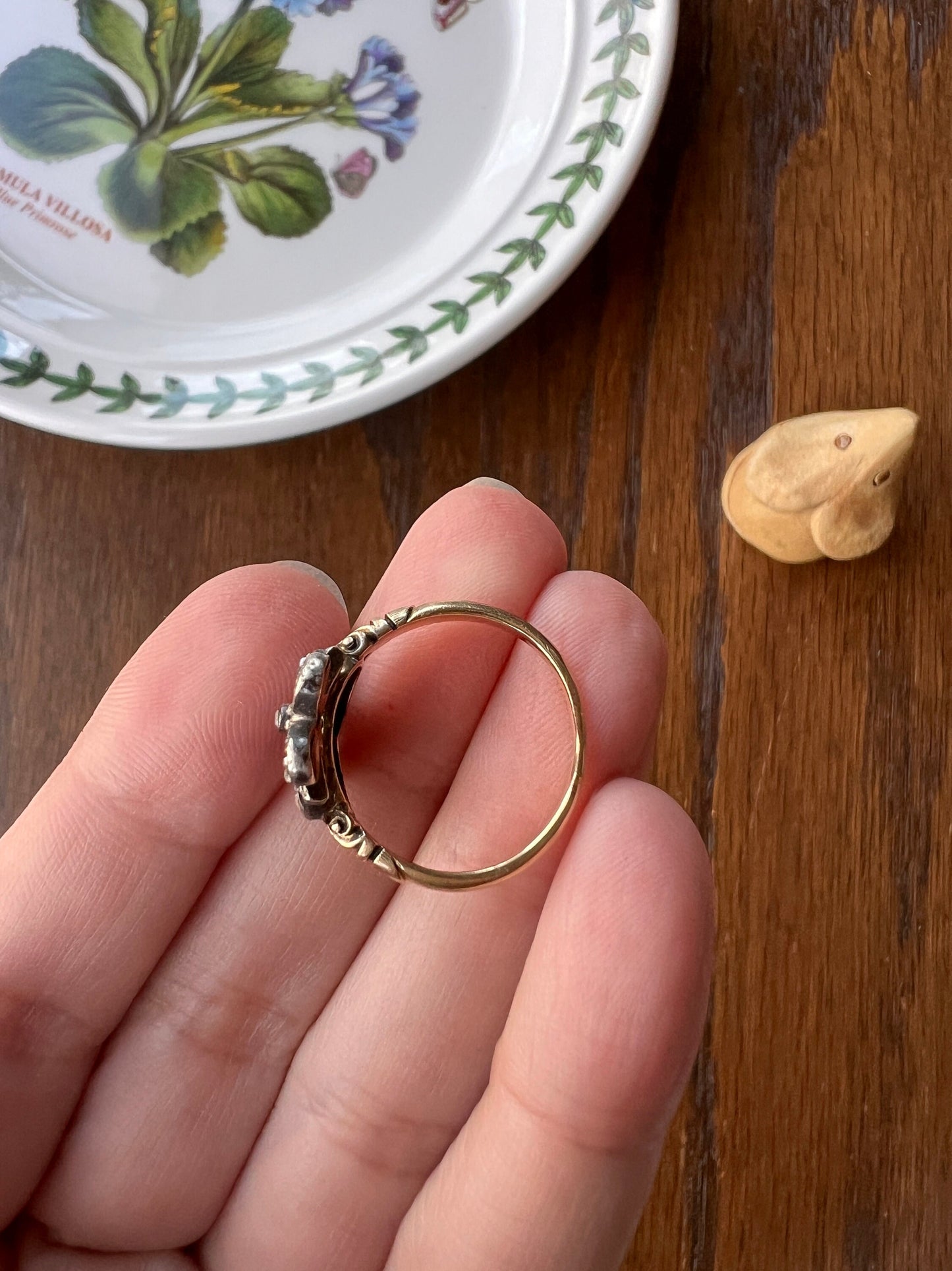 Original Bowed Witch's HEART Victorian ANTIQUE Ring Pink Red Ruby Garnet Rose Cut DIAMOND 14k Gold Figural Double Ornate Romantic Gift Bow