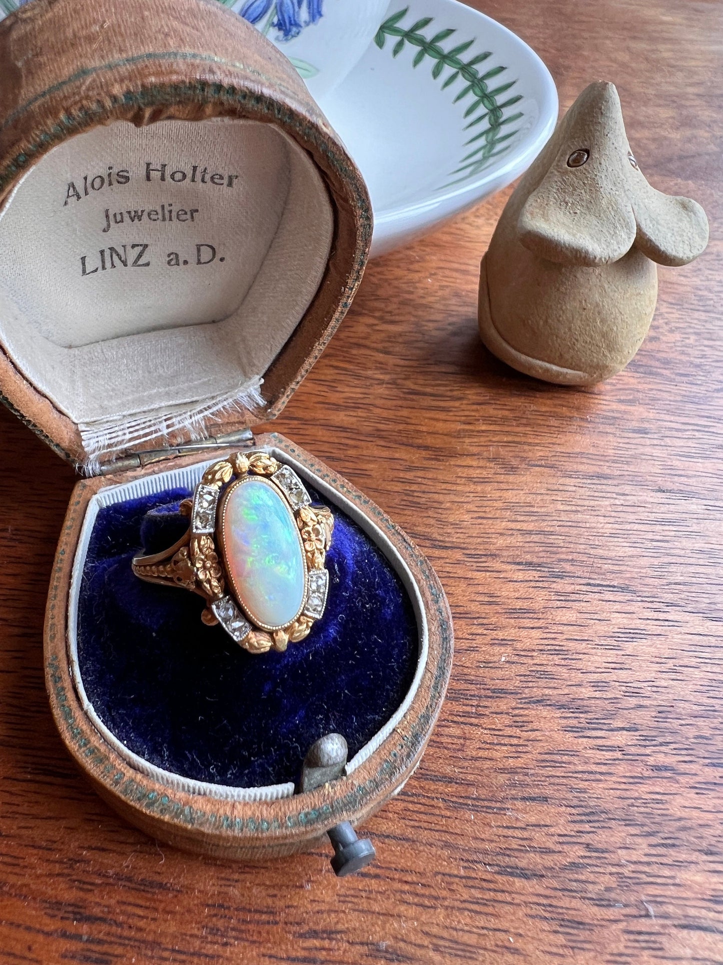 Unique OPAL Art NOUVEAU Floral Garland French Antique 18k Gold Rose Cut Diamond Ring Bows Forget Me Not Halo Romantic Belle Epoque Figural