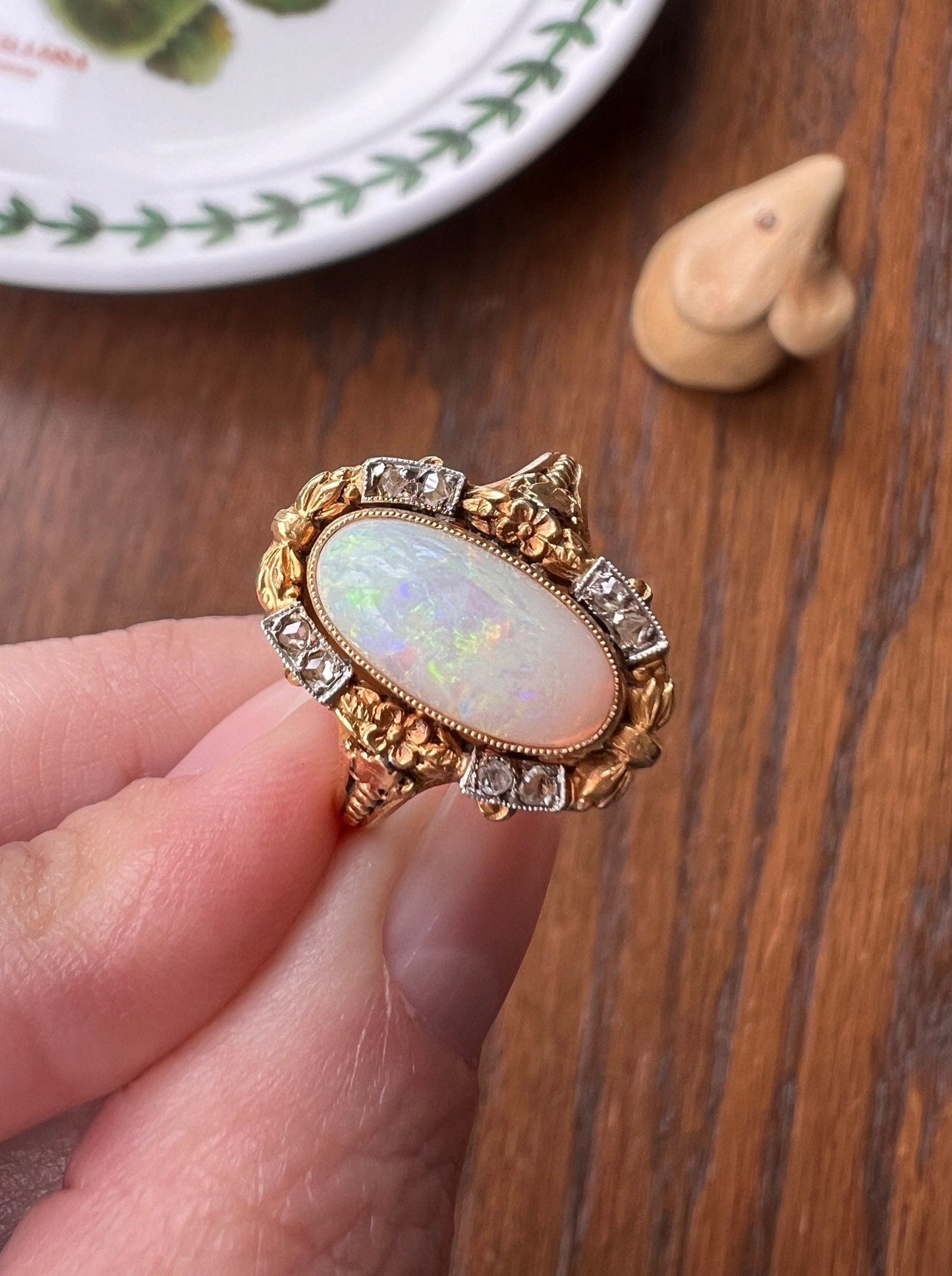 Unique OPAL Art NOUVEAU Floral Garland French Antique 18k Gold Rose Cut Diamond Ring Bows Forget Me Not Halo Romantic Belle Epoque Figural