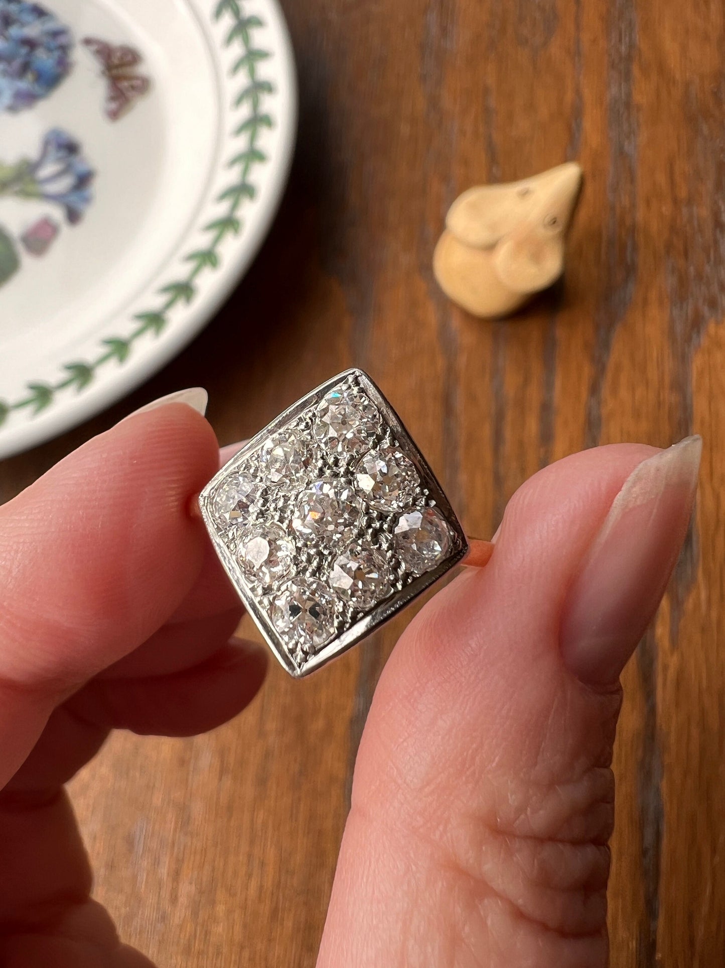 CURVED Unique 1.25 Carat Nine Old Mine Cut DIAMOND Cluster Kite Grid Ring French Antique 18k Gold Geometric Stacker Cobblestone Texture Gift