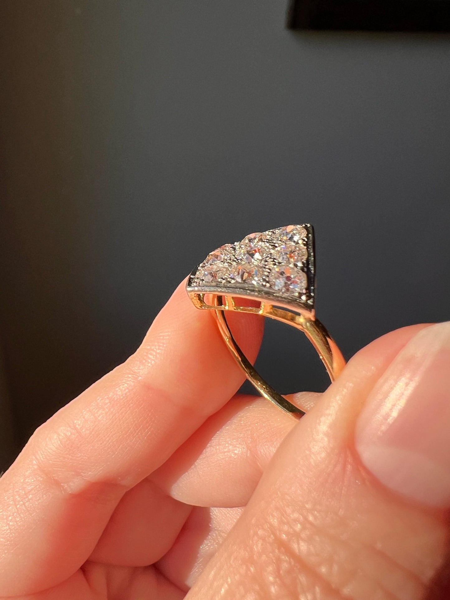 CURVED Unique 1.25 Carat Nine Old Mine Cut DIAMOND Cluster Kite Grid Ring French Antique 18k Gold Geometric Stacker Cobblestone Texture Gift