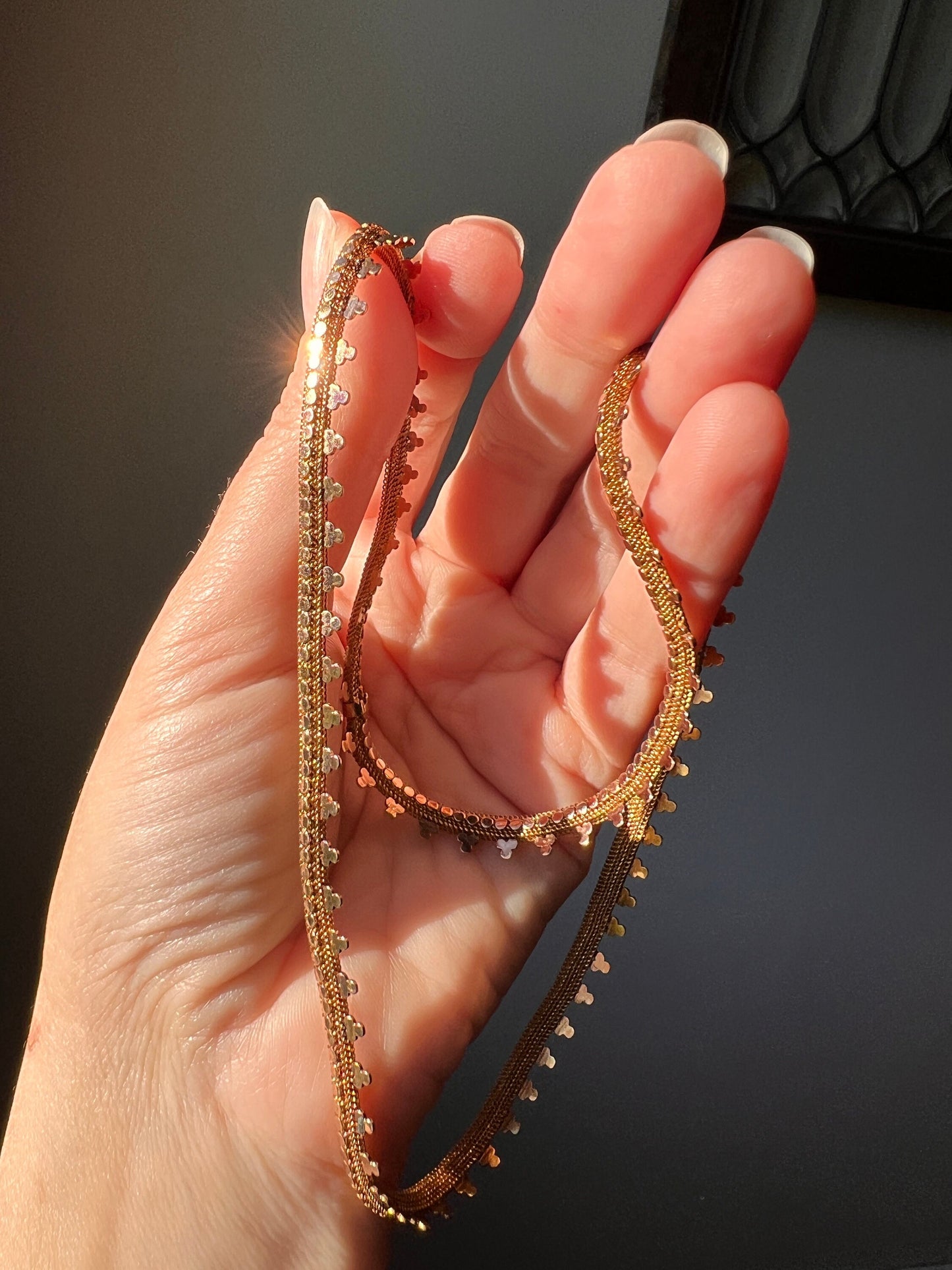 Clover Rivet Shimmering French Antique 18g 18k GOLD Solid Rosy Book Chain Necklace Wide 17.25" Neckmess Neckstack Victorian Mesh Etruscan
