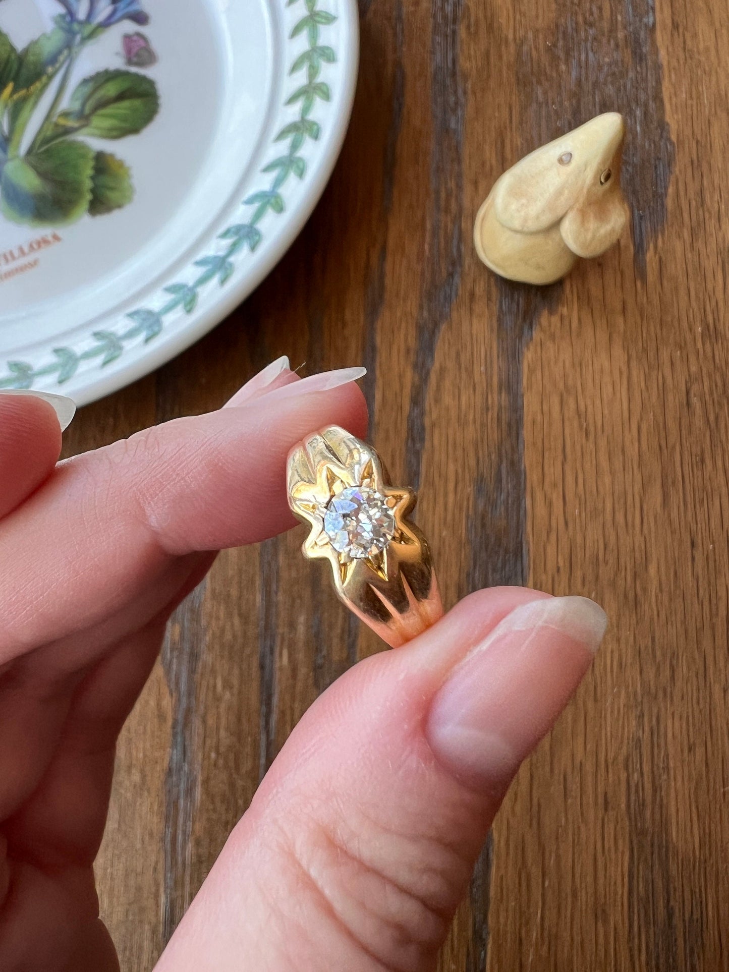 STAR Bezel Gypsy Band 1/2 Carat Old Mine Cut DIAMOND Ring 18k Gold Starburst Stacker Gift Figural Bezel Setting Buttery Unisex OMC 0.5Ctw