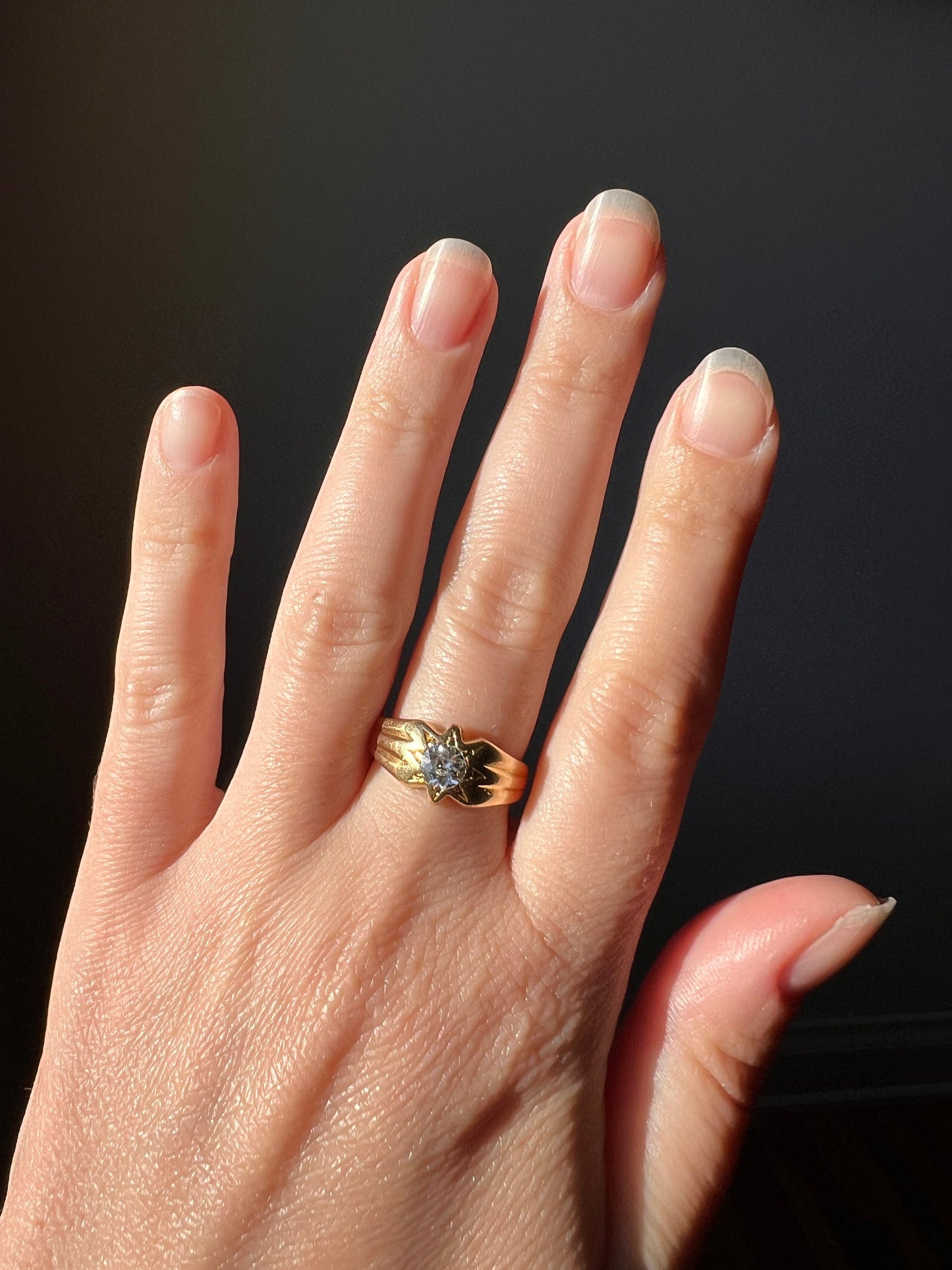 STAR Bezel Gypsy Band 1/2 Carat Old Mine Cut DIAMOND Ring 18k Gold Starburst Stacker Gift Figural Bezel Setting Buttery Unisex OMC 0.5Ctw