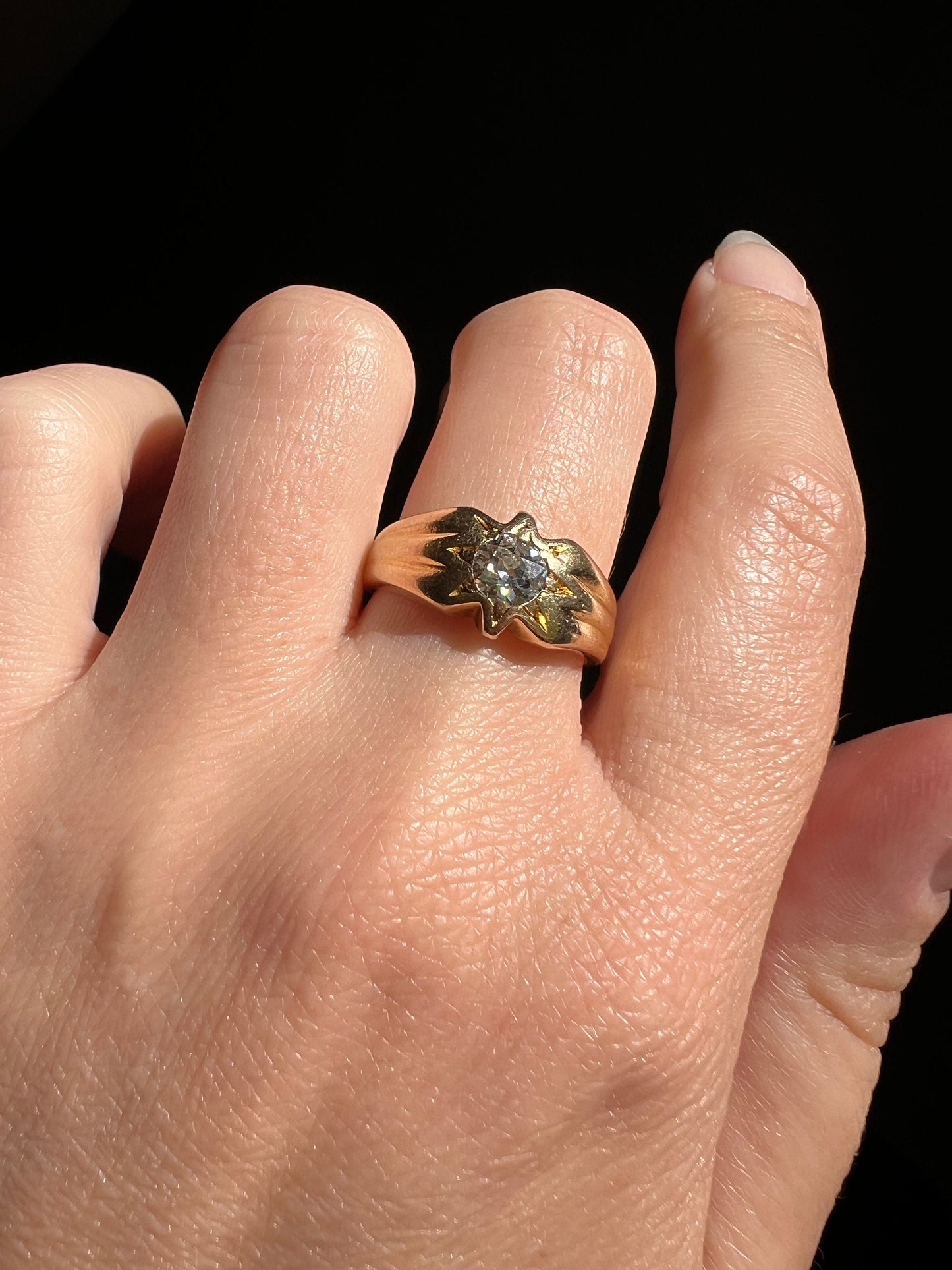STAR Bezel Gypsy Band 1/2 Carat Old Mine Cut DIAMOND Ring 18k Gold Starburst Stacker Gift Figural Bezel Setting Buttery Unisex OMC 0.5Ctw