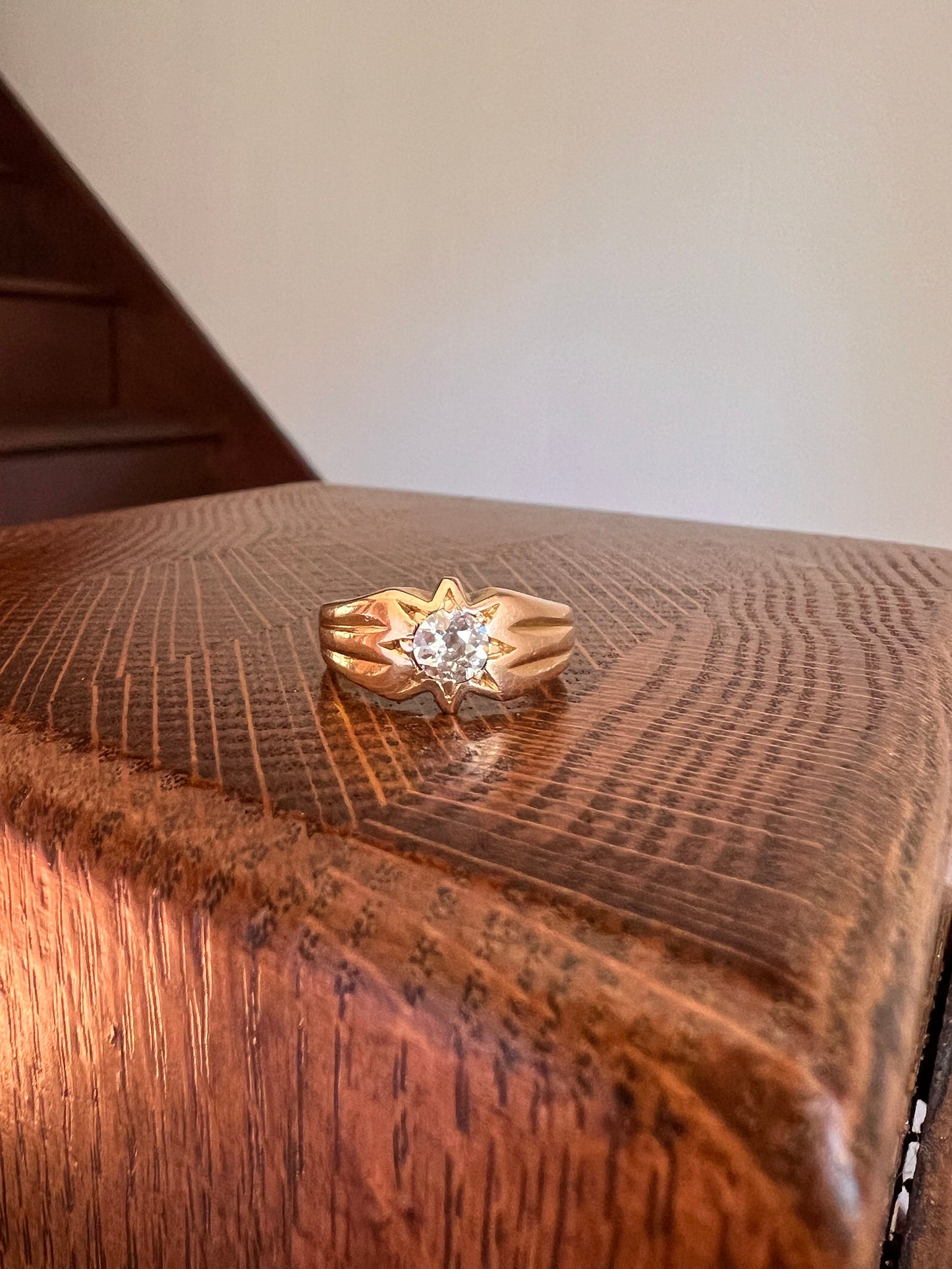 STAR Bezel Gypsy Band 1/2 Carat Old Mine Cut DIAMOND Ring 18k Gold Starburst Stacker Gift Figural Bezel Setting Buttery Unisex OMC 0.5Ctw