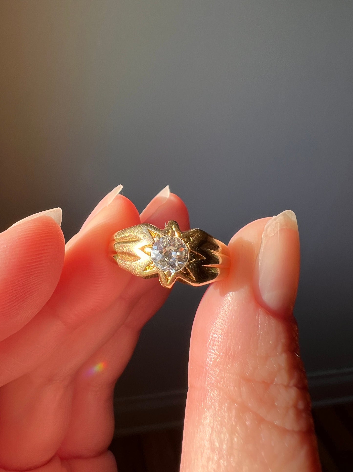STAR Bezel Gypsy Band 1/2 Carat Old Mine Cut DIAMOND Ring 18k Gold Starburst Stacker Gift Figural Bezel Setting Buttery Unisex OMC 0.5Ctw