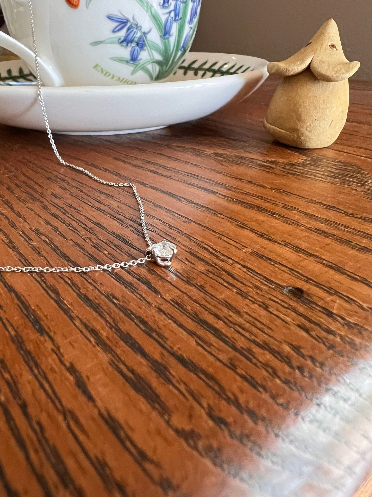 French Vintage .3 Carat Old Mine Cut DIAMOND Solitaire 18k White Gold Necklace Pendant Chain Antique Stone Minimalist Dainty OMC Neckmess