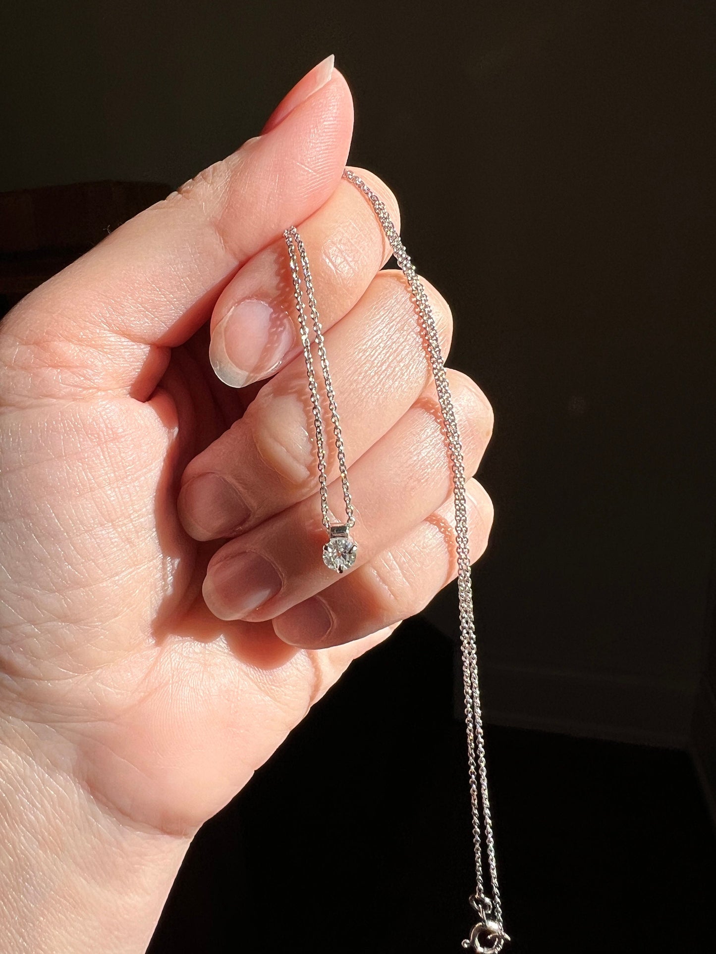 French Vintage .3 Carat Old Mine Cut DIAMOND Solitaire 18k White Gold Necklace Pendant Chain Antique Stone Minimalist Dainty OMC Neckmess