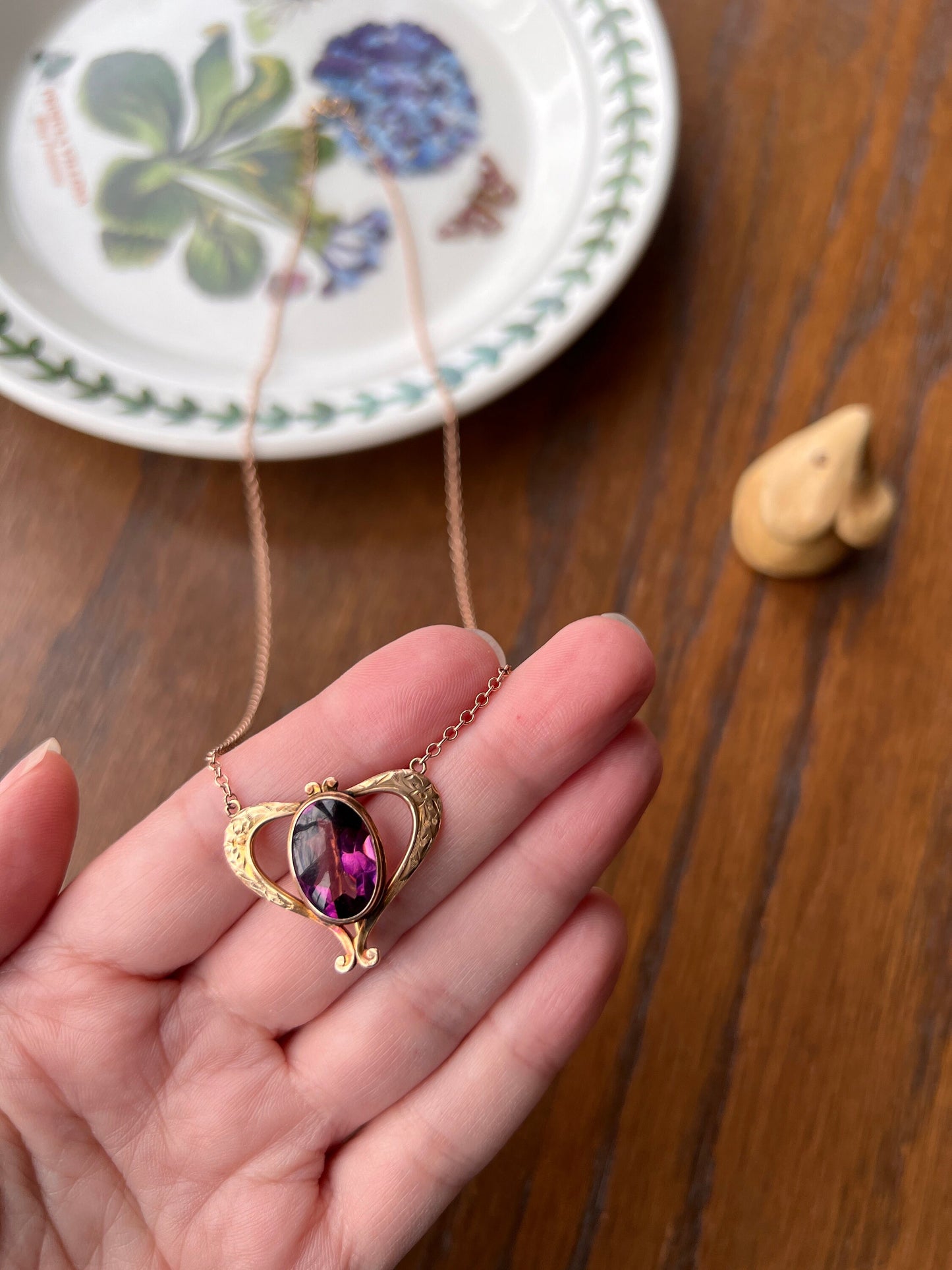 HEART Victorian Purple Paste Amethyst 10k Gold PENDANT HOLDER on 14k Chain Glowing Buff Top Oval Hook on Back Neckmess Neckstack Swap Charms