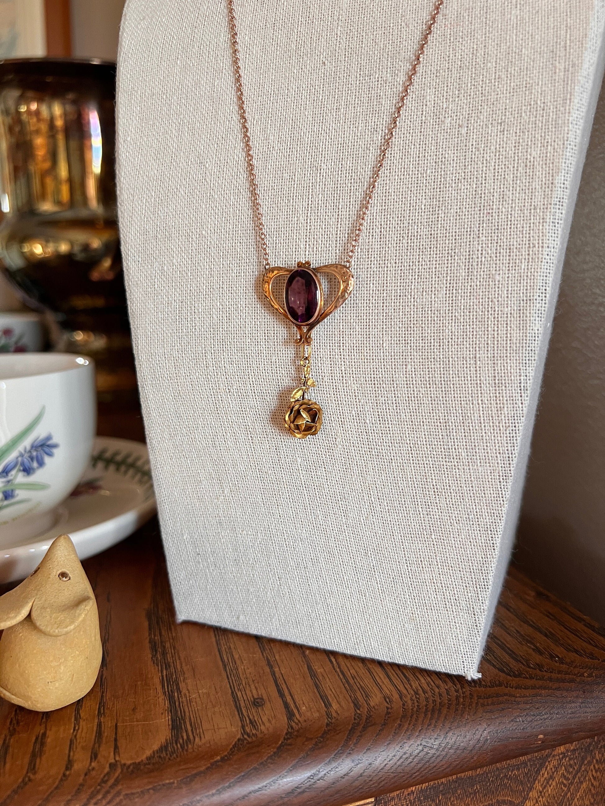 HEART Victorian Purple Paste Amethyst 10k Gold PENDANT HOLDER on 14k Chain Glowing Buff Top Oval Hook on Back Neckmess Neckstack Swap Charms