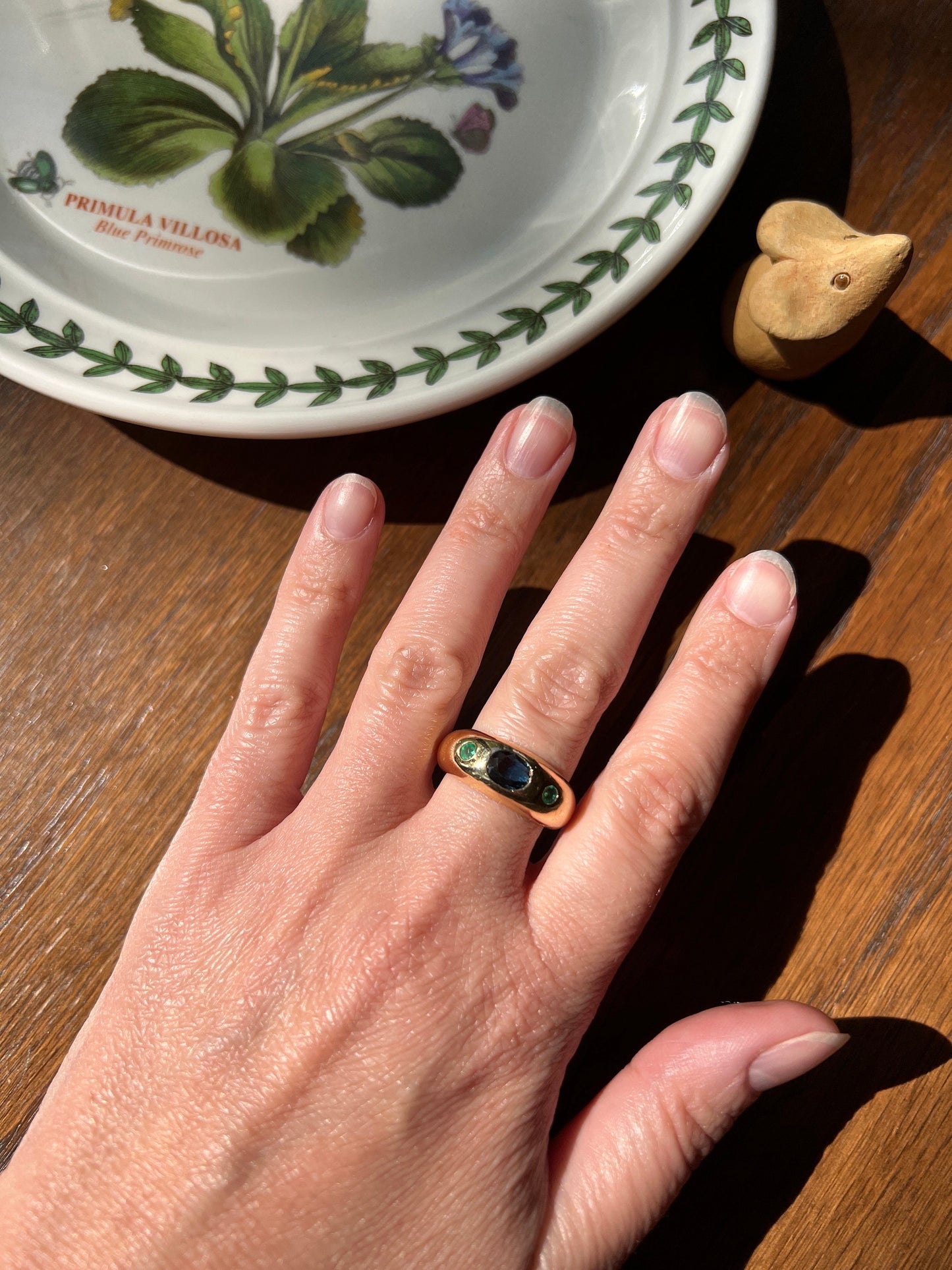 SAPPHIRE Green EMERALD Three Stone Gypsy Ring Chunky French Vintage 18k Gold Solid 3 Stone Band Blue Gift Retro Unisex Domed Stacker Bombe