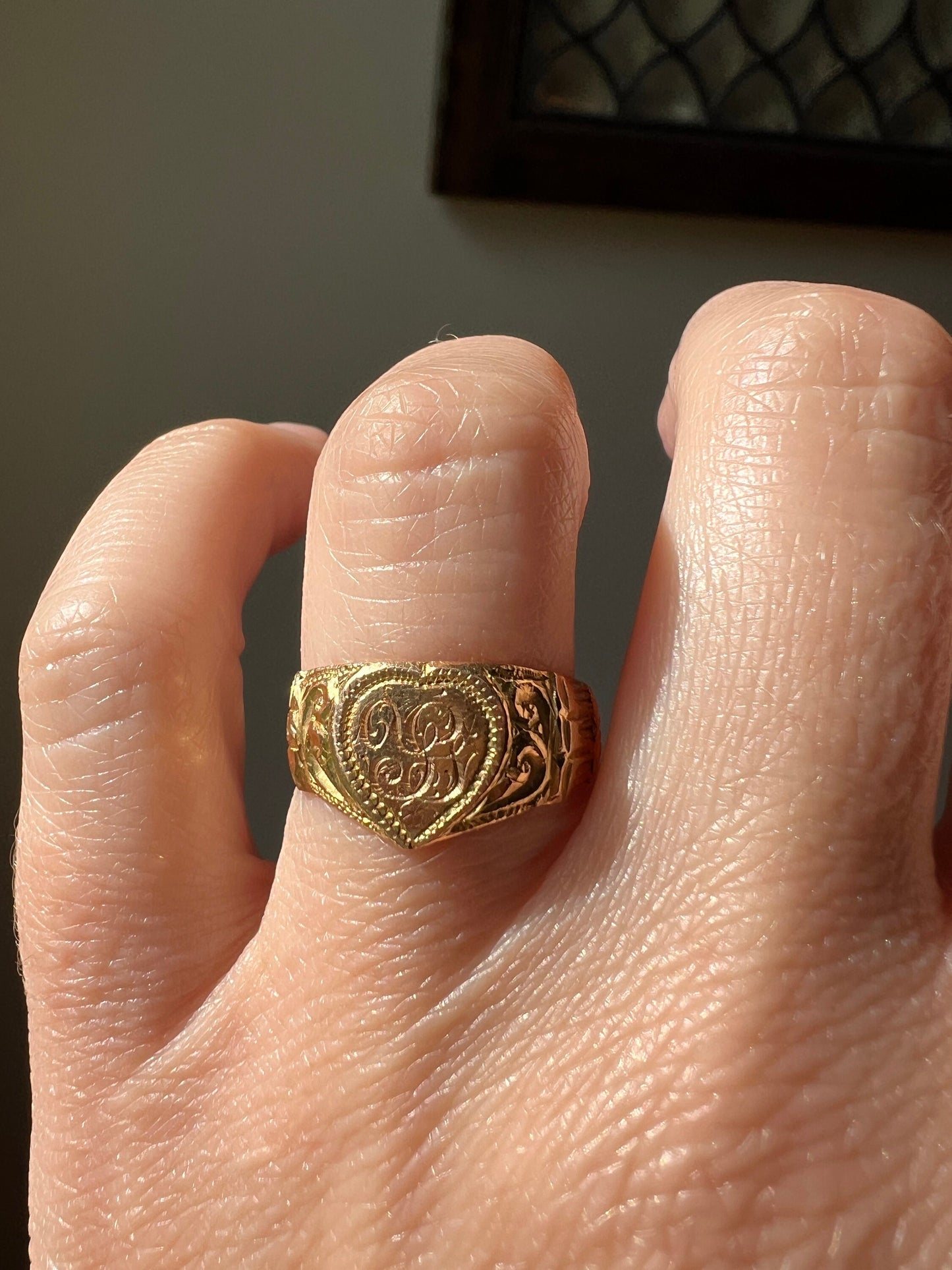 HEART Figural Antique 18k Signet Ring Hand Engraved Initials Monogram Y G J Wide Band Stacker Victorian Wedding Engagement Betrothal Gift
