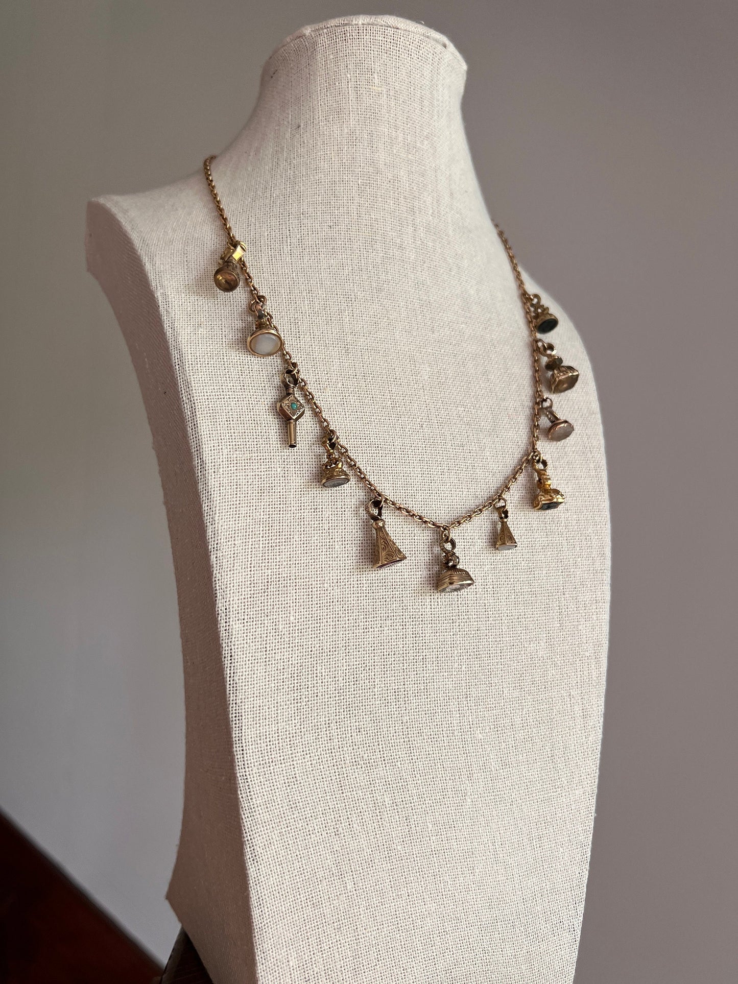 One of a Kind Twelve Piece VICTORIAN Antique FOBS Necklace Birds Horse Key Thistle Intaglio Chain 9k to 14k Gold Neckmess Quartz Bloodstone