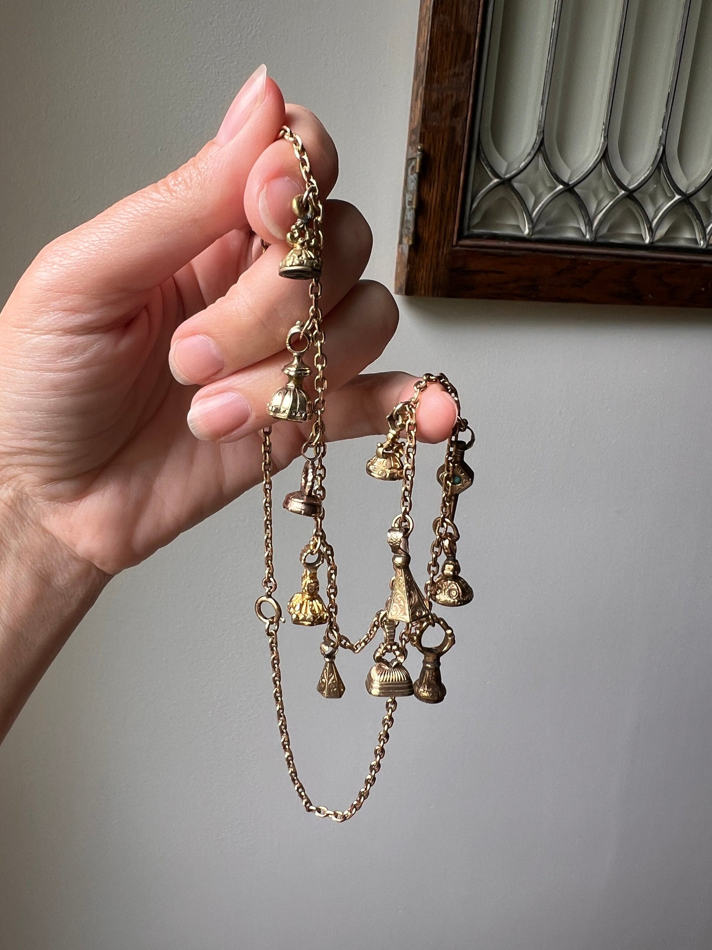 One of a Kind Twelve Piece VICTORIAN Antique FOBS Necklace Birds Horse Key Thistle Intaglio Chain 9k to 14k Gold Neckmess Quartz Bloodstone