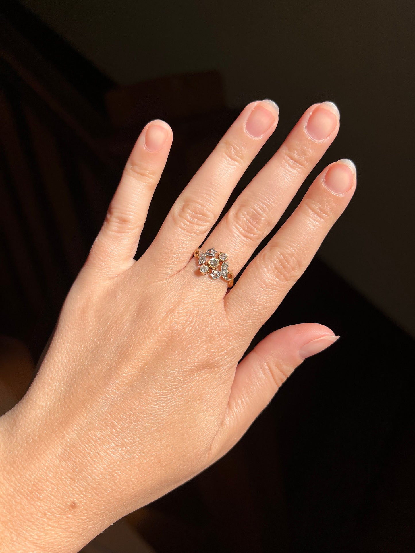 TULIPS Old Mine Rose Cut Diamond French Antique Belle Epoque Ring 18k Gold Art Nouveau Victorian Ornate Sparkle Floral Swirl Romantic Gift