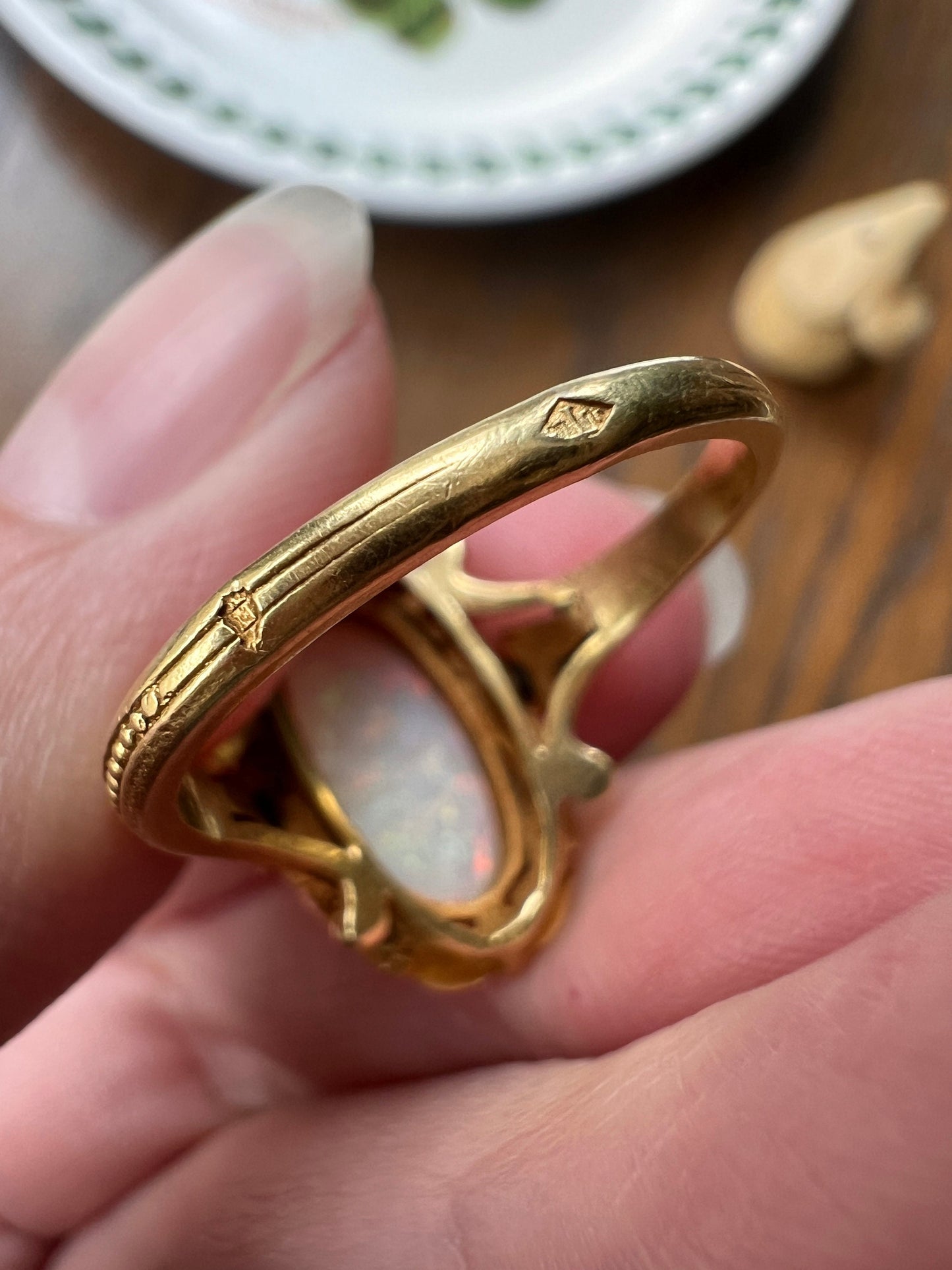 Unique OPAL Art NOUVEAU Floral Garland French Antique 18k Gold Rose Cut Diamond Ring Bows Forget Me Not Halo Romantic Belle Epoque Figural