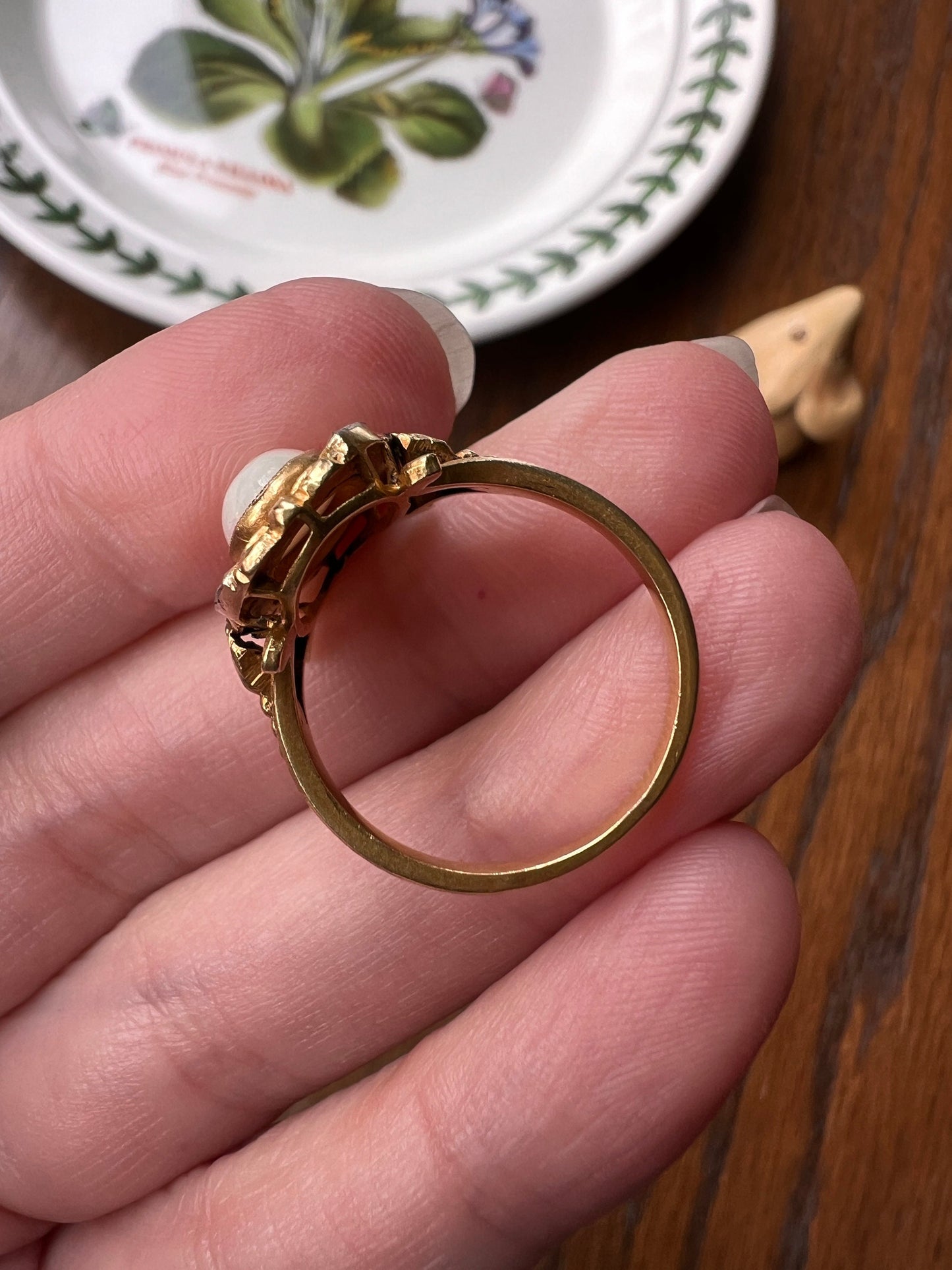 Unique OPAL Art NOUVEAU Floral Garland French Antique 18k Gold Rose Cut Diamond Ring Bows Forget Me Not Halo Romantic Belle Epoque Figural