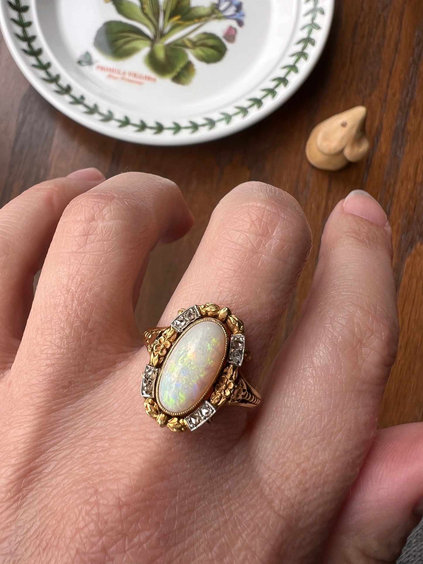 Unique OPAL Art NOUVEAU Floral Garland French Antique 18k Gold Rose Cut Diamond Ring Bows Forget Me Not Halo Romantic Belle Epoque Figural