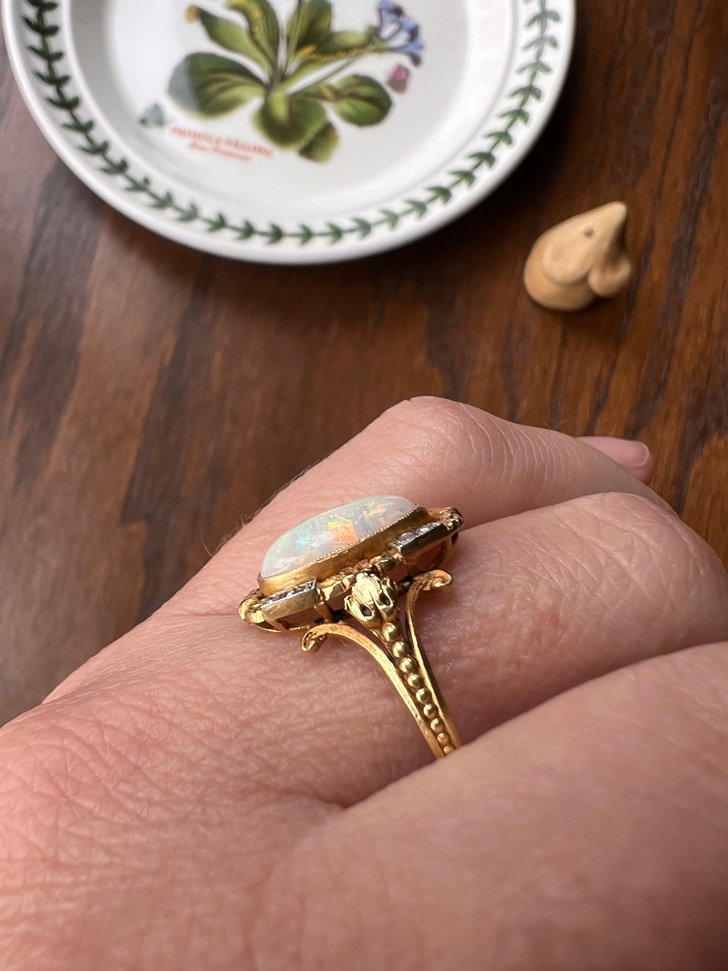 Unique OPAL Art NOUVEAU Floral Garland French Antique 18k Gold Rose Cut Diamond Ring Bows Forget Me Not Halo Romantic Belle Epoque Figural