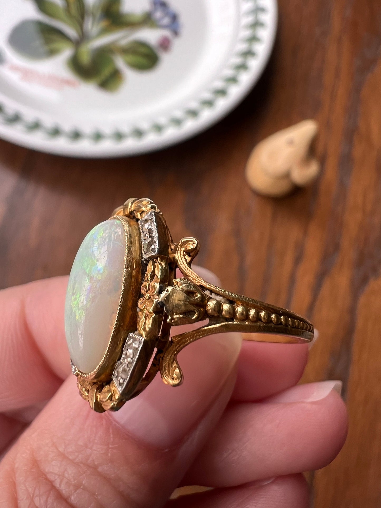 Unique OPAL Art NOUVEAU Floral Garland French Antique 18k Gold Rose Cut Diamond Ring Bows Forget Me Not Halo Romantic Belle Epoque Figural