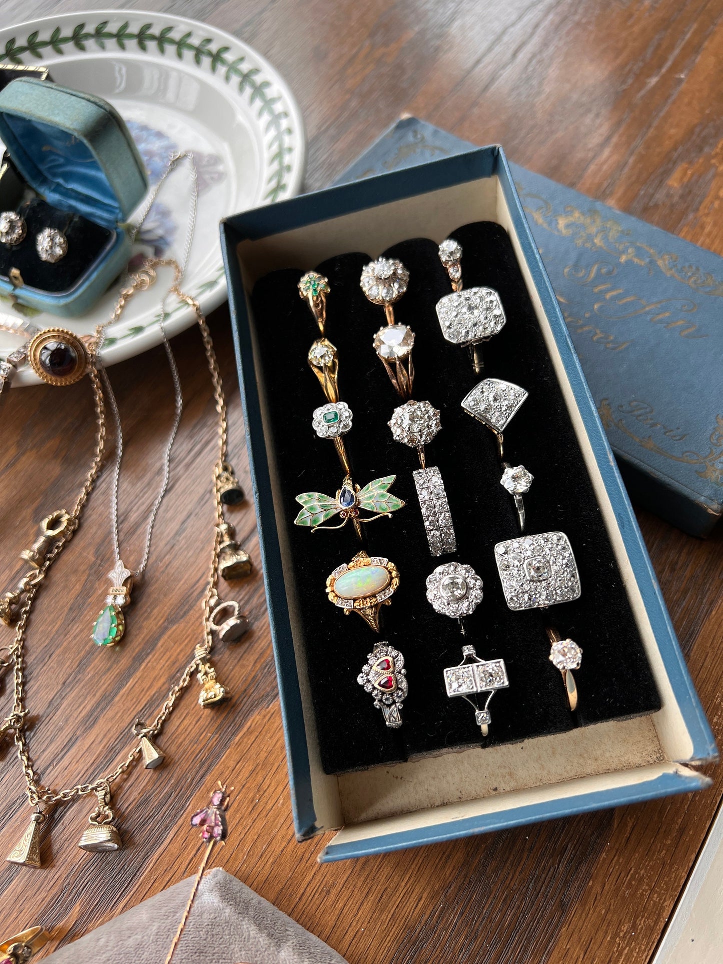 Unique OPAL Art NOUVEAU Floral Garland French Antique 18k Gold Rose Cut Diamond Ring Bows Forget Me Not Halo Romantic Belle Epoque Figural