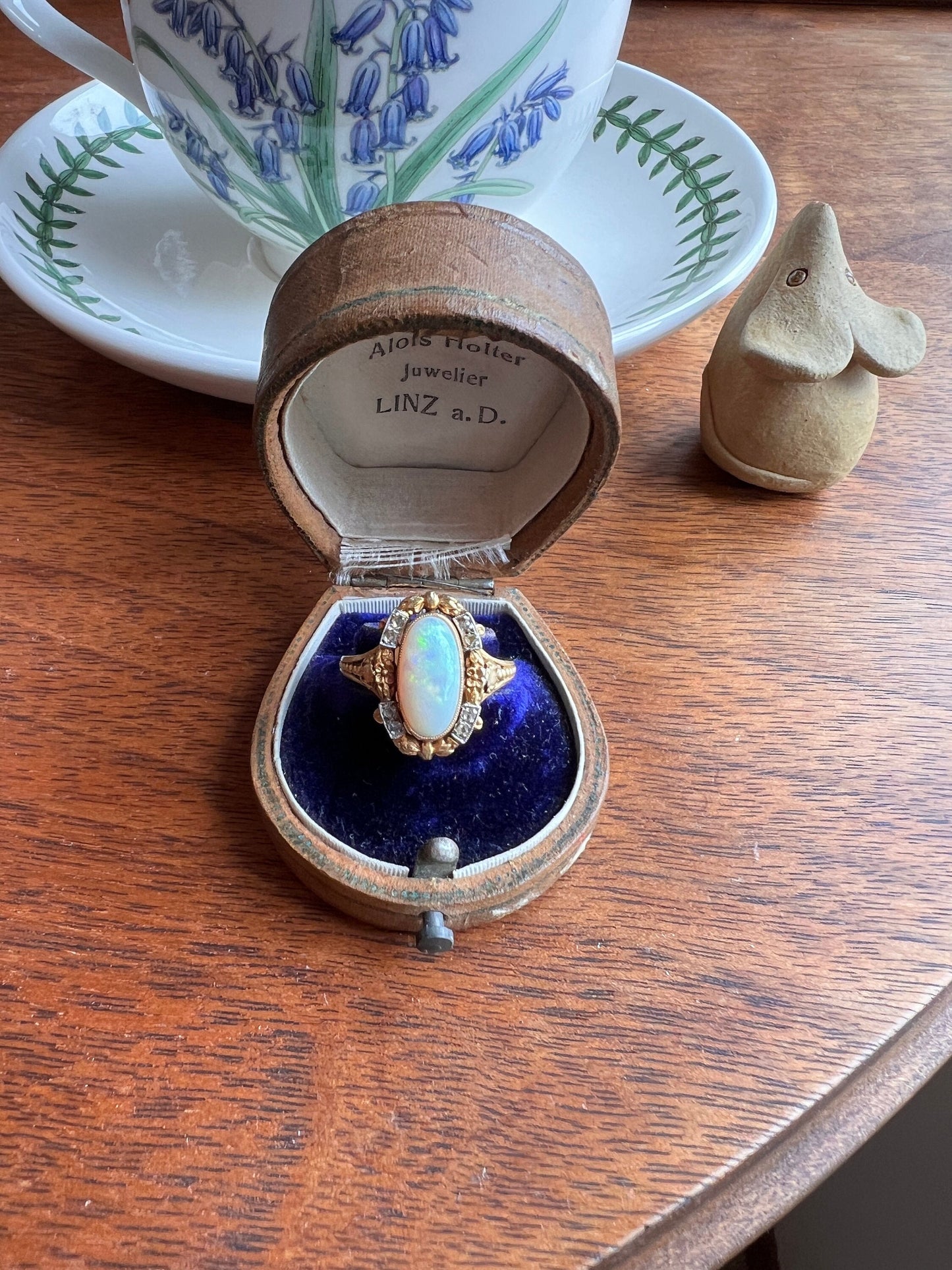 Unique OPAL Art NOUVEAU Floral Garland French Antique 18k Gold Rose Cut Diamond Ring Bows Forget Me Not Halo Romantic Belle Epoque Figural