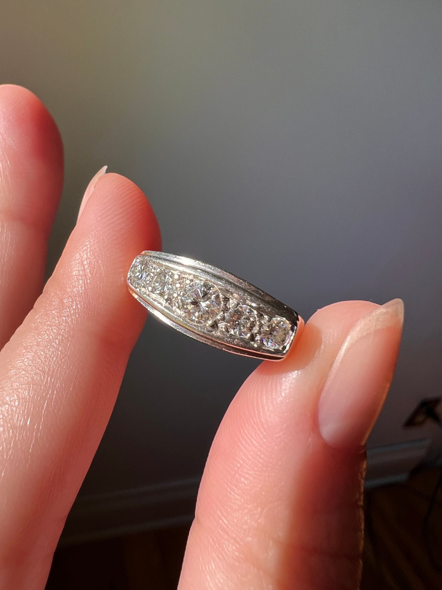 Art Deco .5 Carat Five Stone Ring 18k GOLD & PLATINUM Transitional Cut DIAMONDS Geometric Stacker Tall Boat Face Linear Vintage Antique .5ct