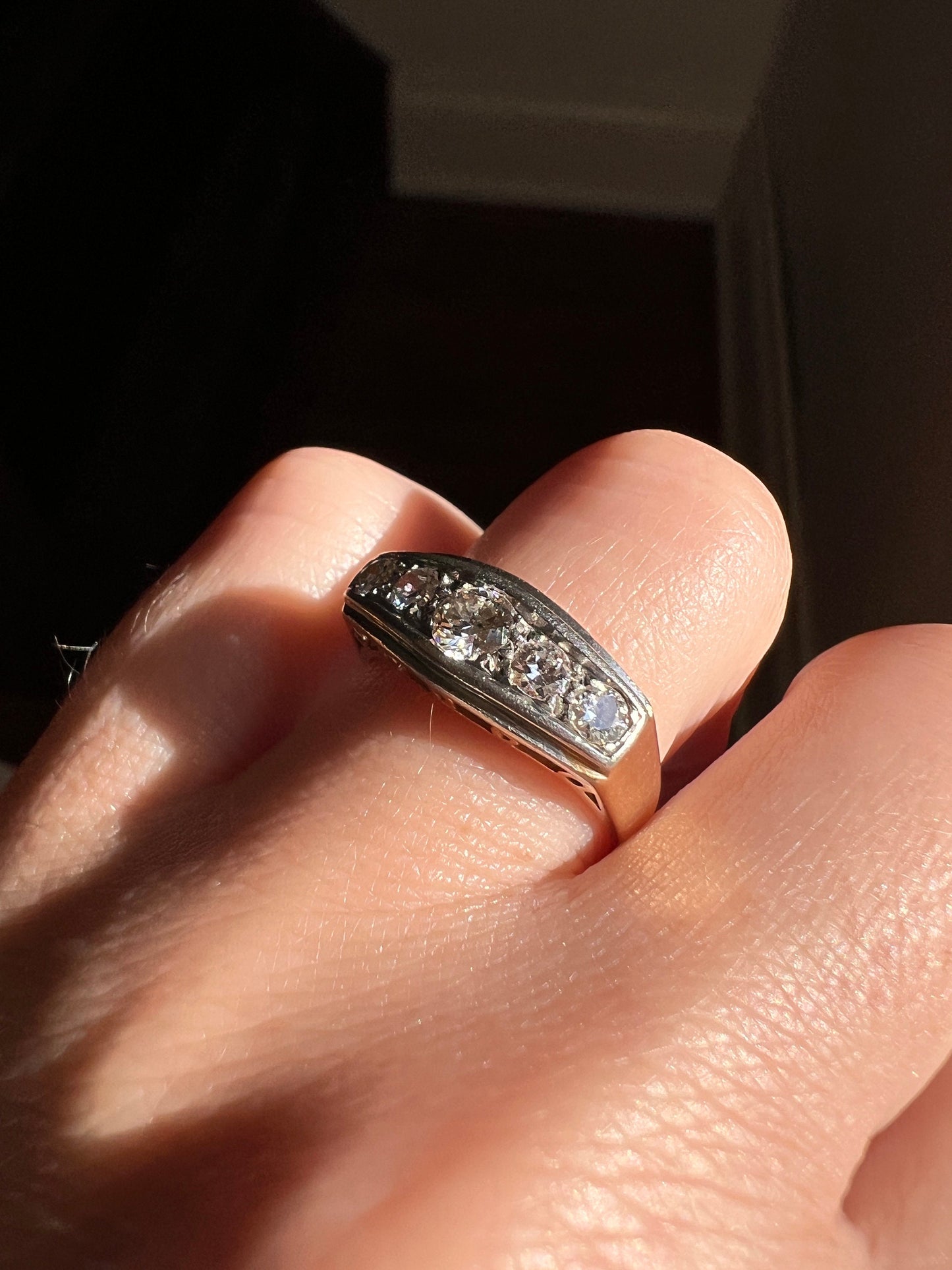 Art Deco .5 Carat Five Stone Ring 18k GOLD & PLATINUM Transitional Cut DIAMONDS Geometric Stacker Tall Boat Face Linear Vintage Antique .5ct