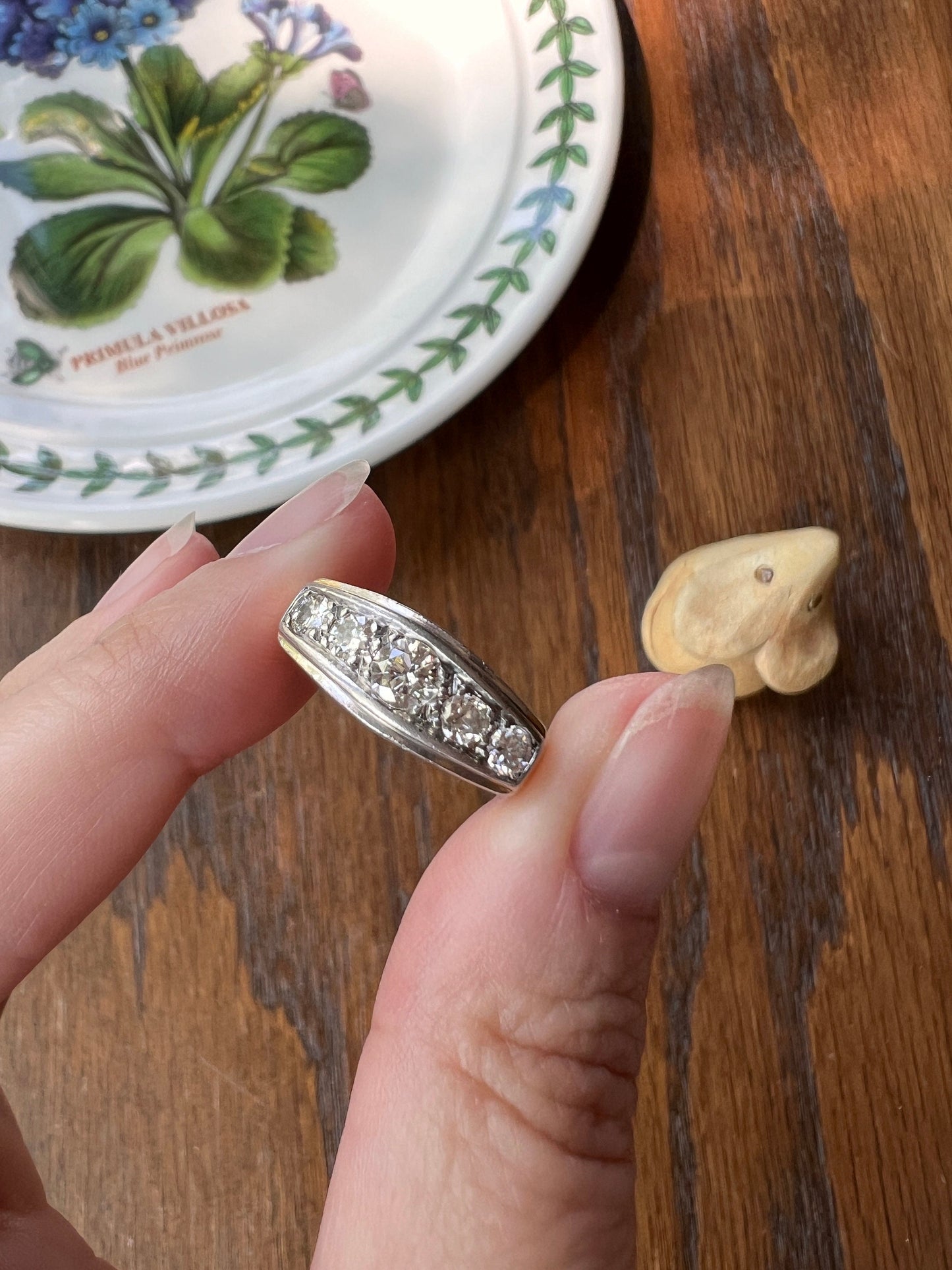 Art Deco .5 Carat Five Stone Ring 18k GOLD & PLATINUM Transitional Cut DIAMONDS Geometric Stacker Tall Boat Face Linear Vintage Antique .5ct