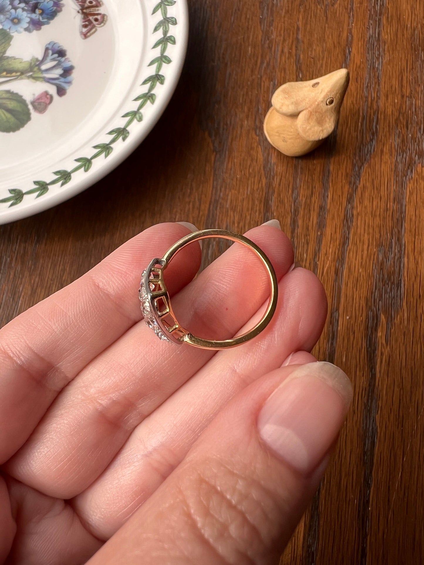 CURVED Unique 1.25 Carat Nine Old Mine Cut DIAMOND Cluster Kite Grid Ring French Antique 18k Gold Geometric Stacker Cobblestone Texture Gift