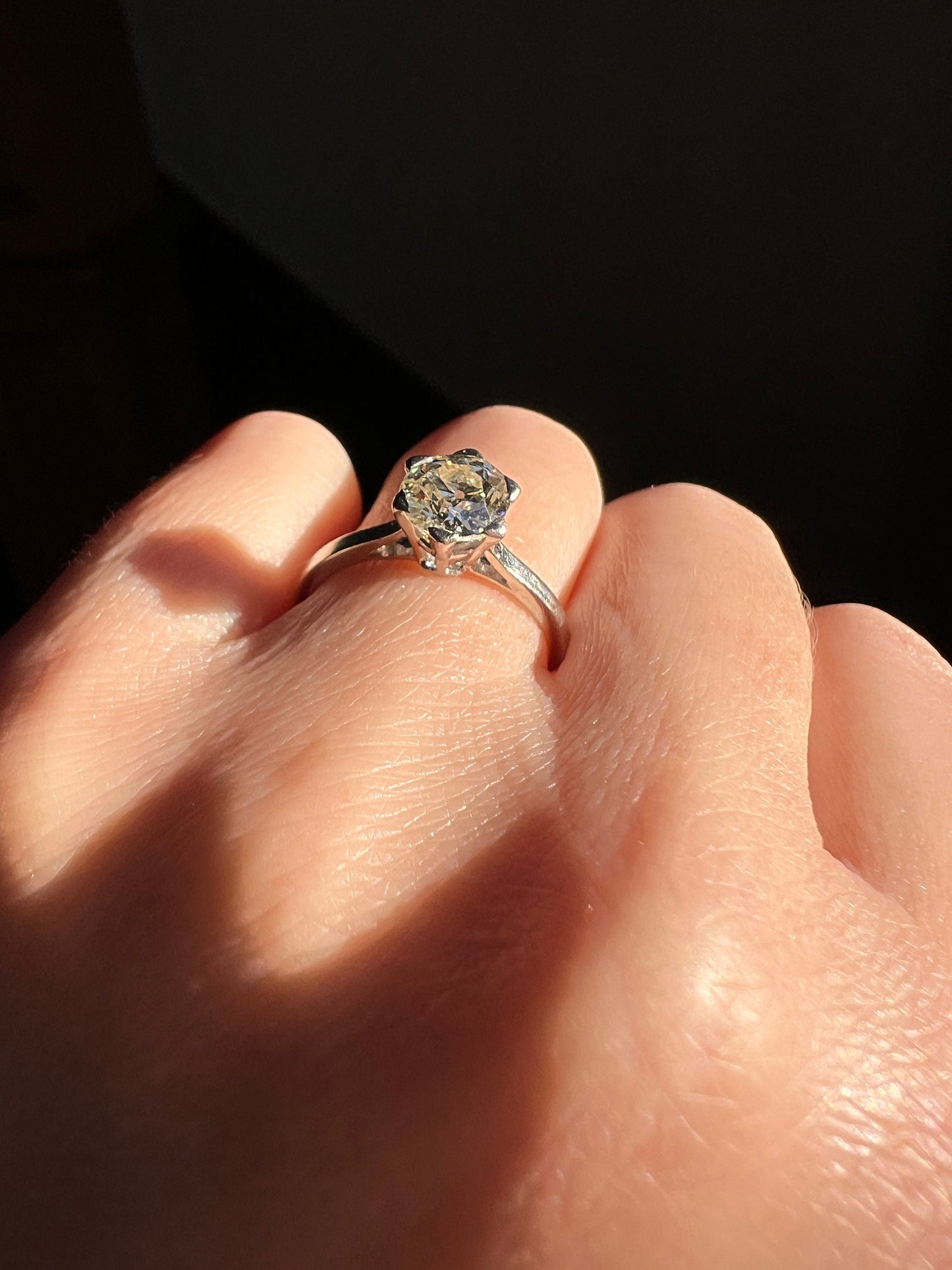 Antique 1 CARAT Old Mine Cut DIAMOND Solitaire Engagement Ring 18k White Gold PLATINUM French Art Deco Warm Very Pale Yellow Tall Stacker
