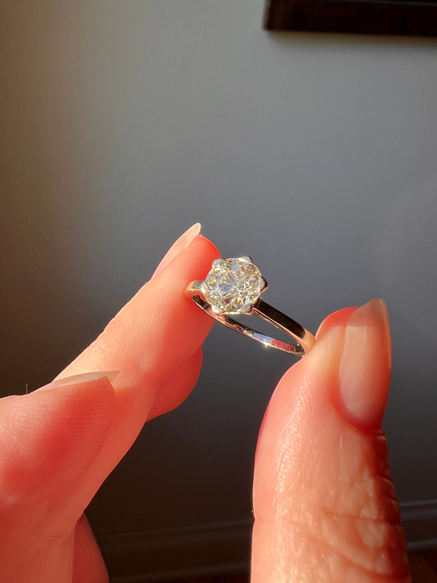 Antique 1 CARAT Old Mine Cut DIAMOND Solitaire Engagement Ring 18k White Gold PLATINUM French Art Deco Warm Very Pale Yellow Tall Stacker