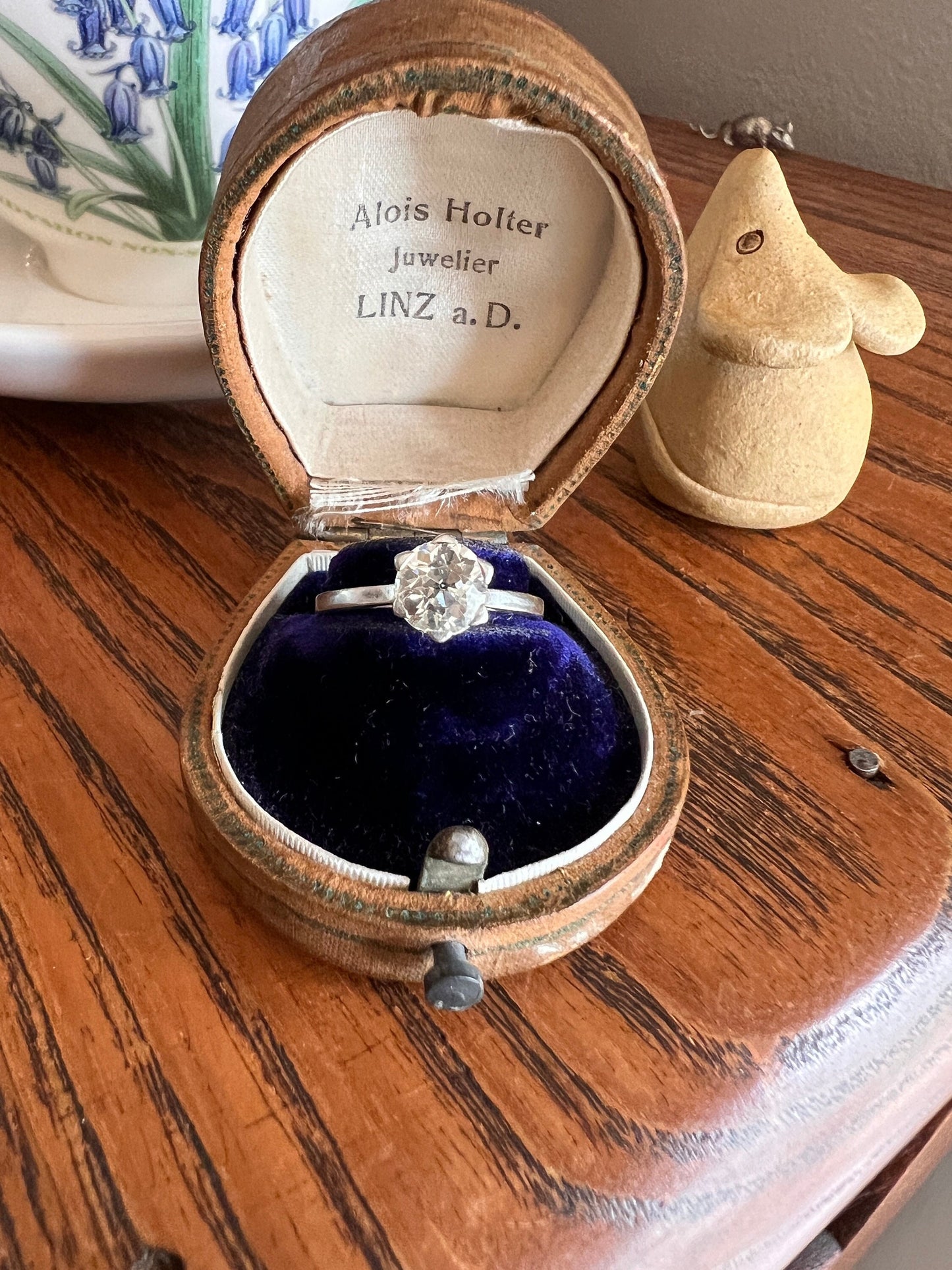 Antique 1 CARAT Old Mine Cut DIAMOND Solitaire Engagement Ring 18k White Gold PLATINUM French Art Deco Warm Very Pale Yellow Tall Stacker