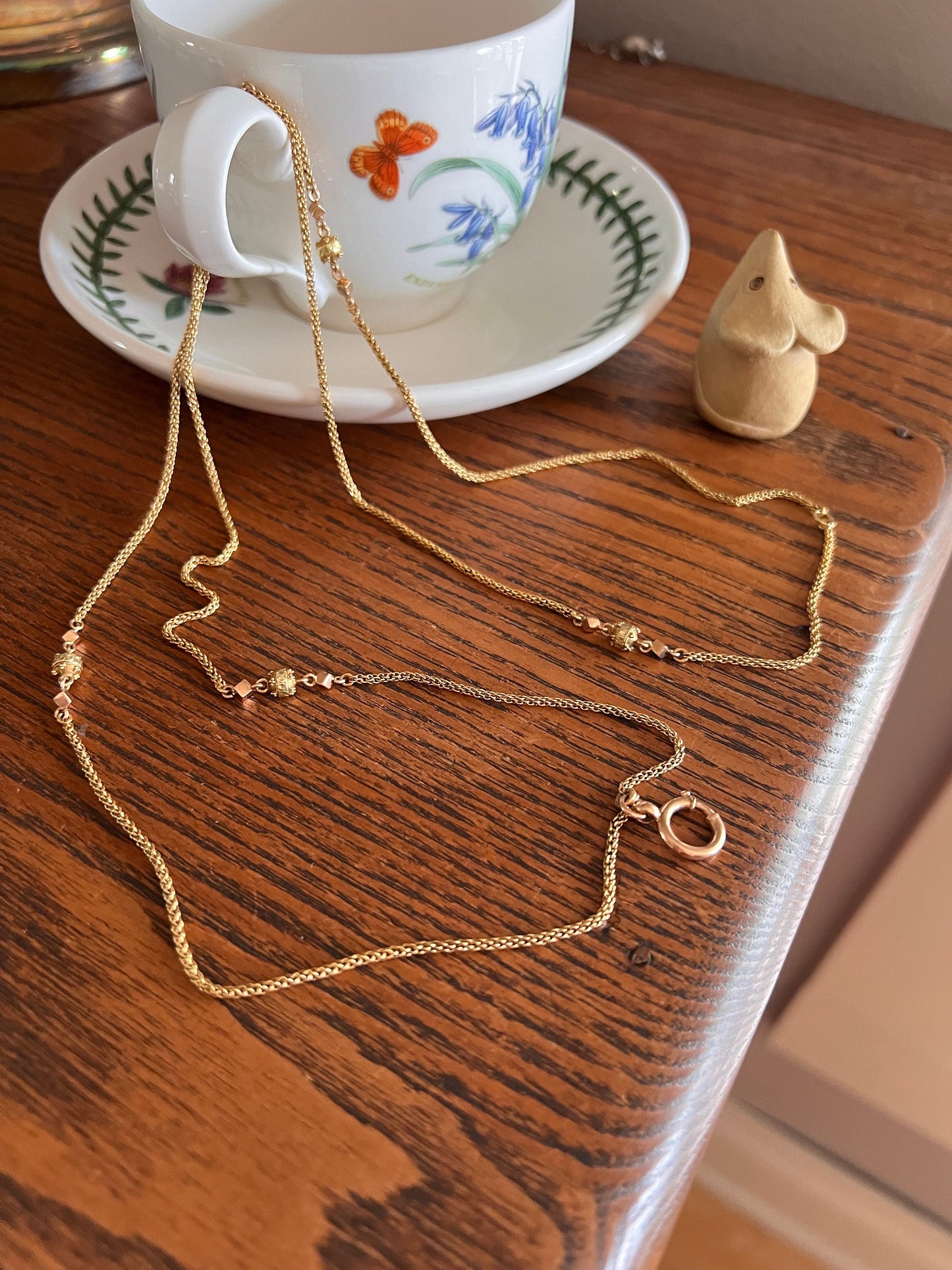 CUBE & Ball French Early VICTORIAN Tri Color 18k Gold 15g Extra Long Guard Cable Link 37" Muff Chain Necklace Pendant Holder Green Rose Glow