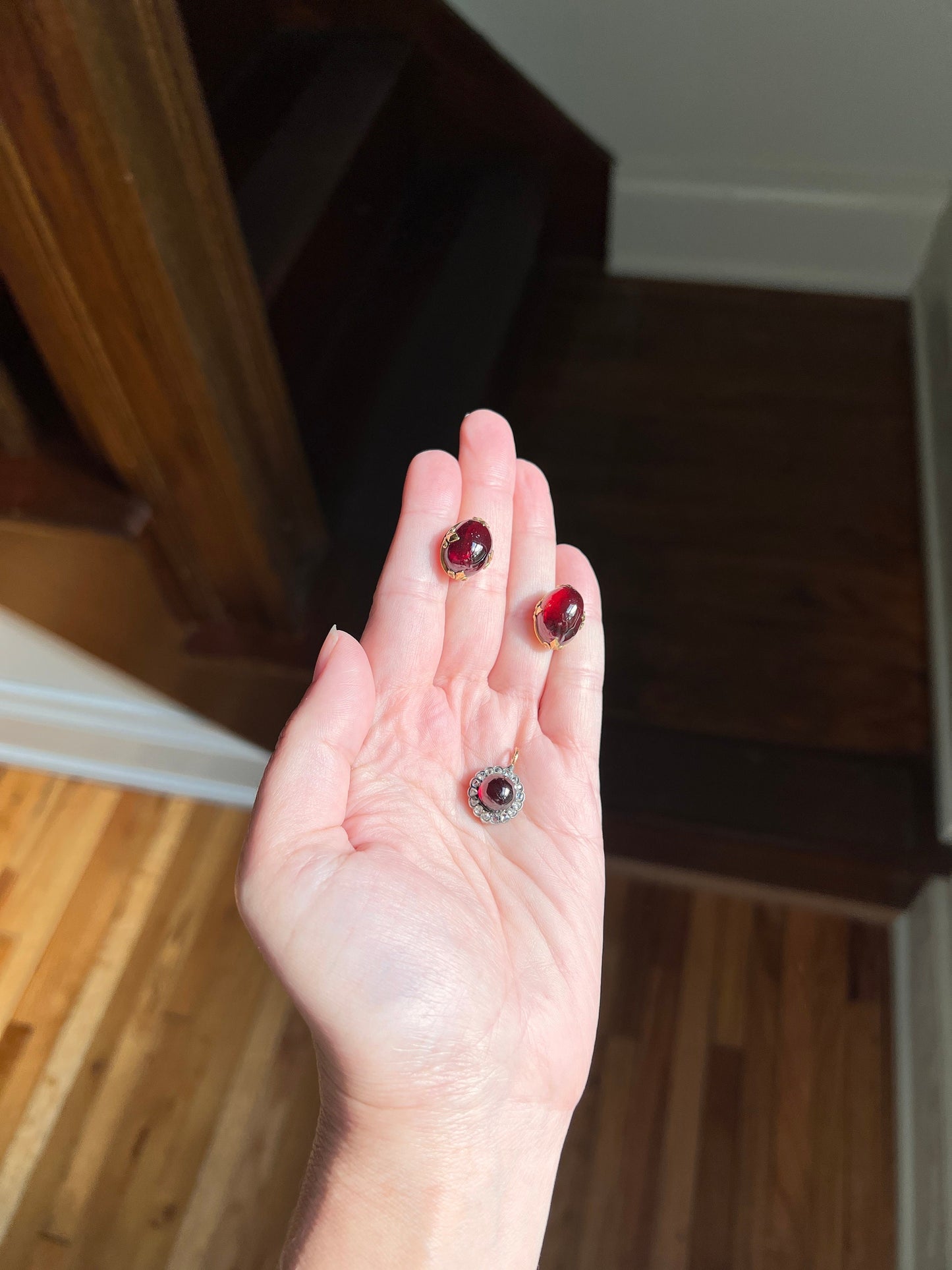 Fleur De Lis Prongs Large Juicy Cabochon Garnet Stud Earrings Vintage to Antique 14k Gold Glowing Crimson Red Domed Chunky Statement Orbs