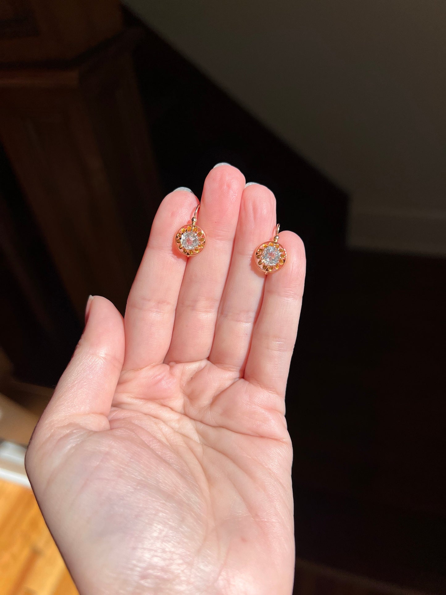 FRENCH Antique Art Nouveau 18k GOLD Cushion Cut Paste 1.5ctw Dangle Dormeuse EARRINGs BUTTERCUP Victorian Belle Epoque Bridal Something Old