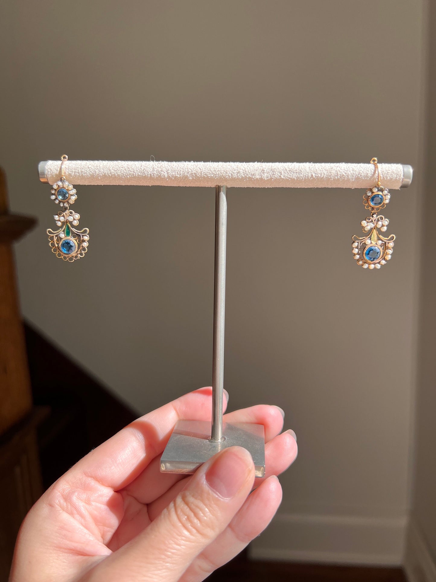 PEACOCK Rare 200 Year Old FRENCH Day to Night Dangle Dormeuse Earrings 18k Gold Blue Paste Pearls Vintage Georgian Napoleon Bonaparte Gift