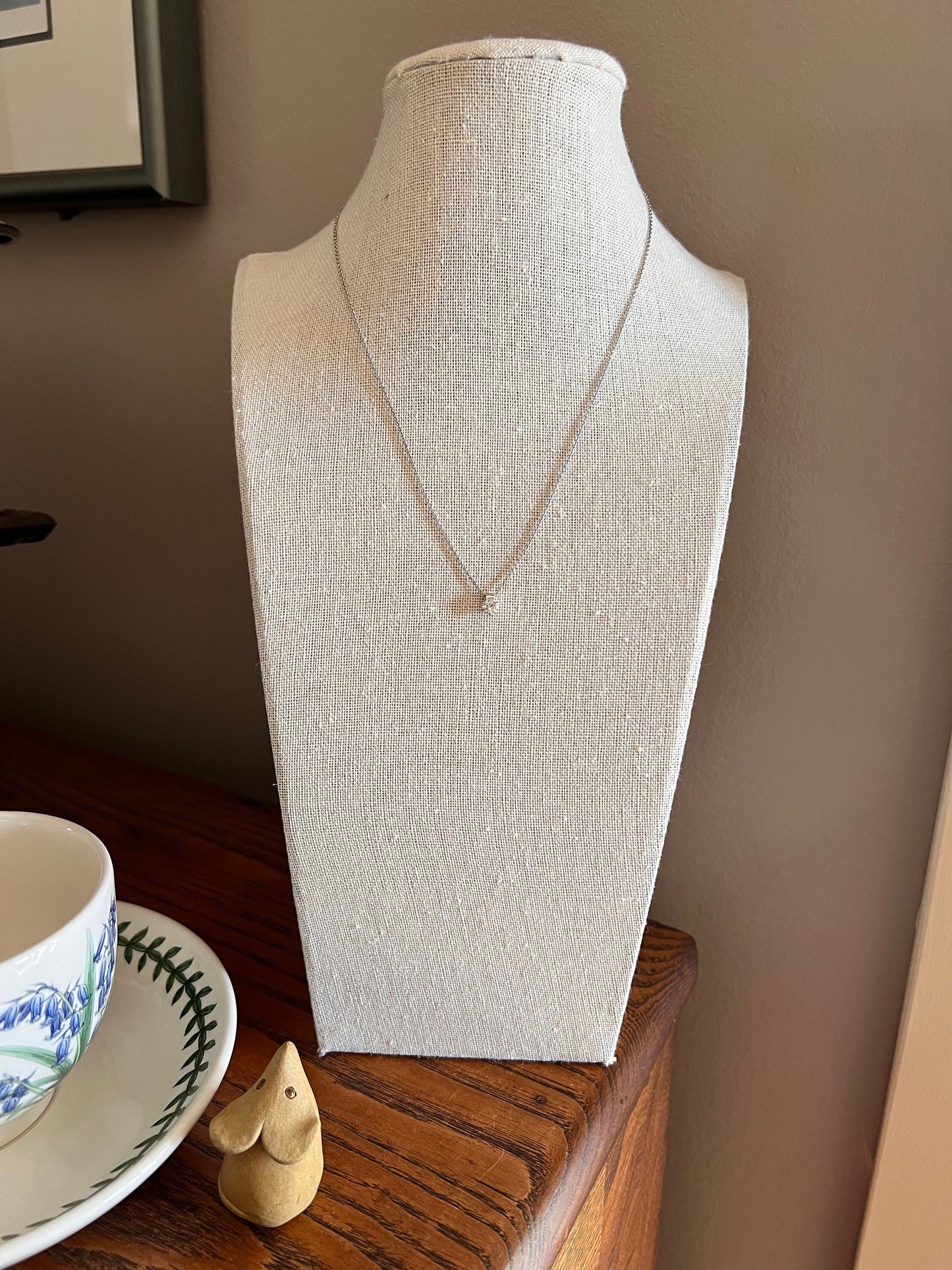 French Vintage .3 Carat Old Mine Cut DIAMOND Solitaire 18k White Gold Necklace Pendant Chain Antique Stone Minimalist Dainty OMC Neckmess